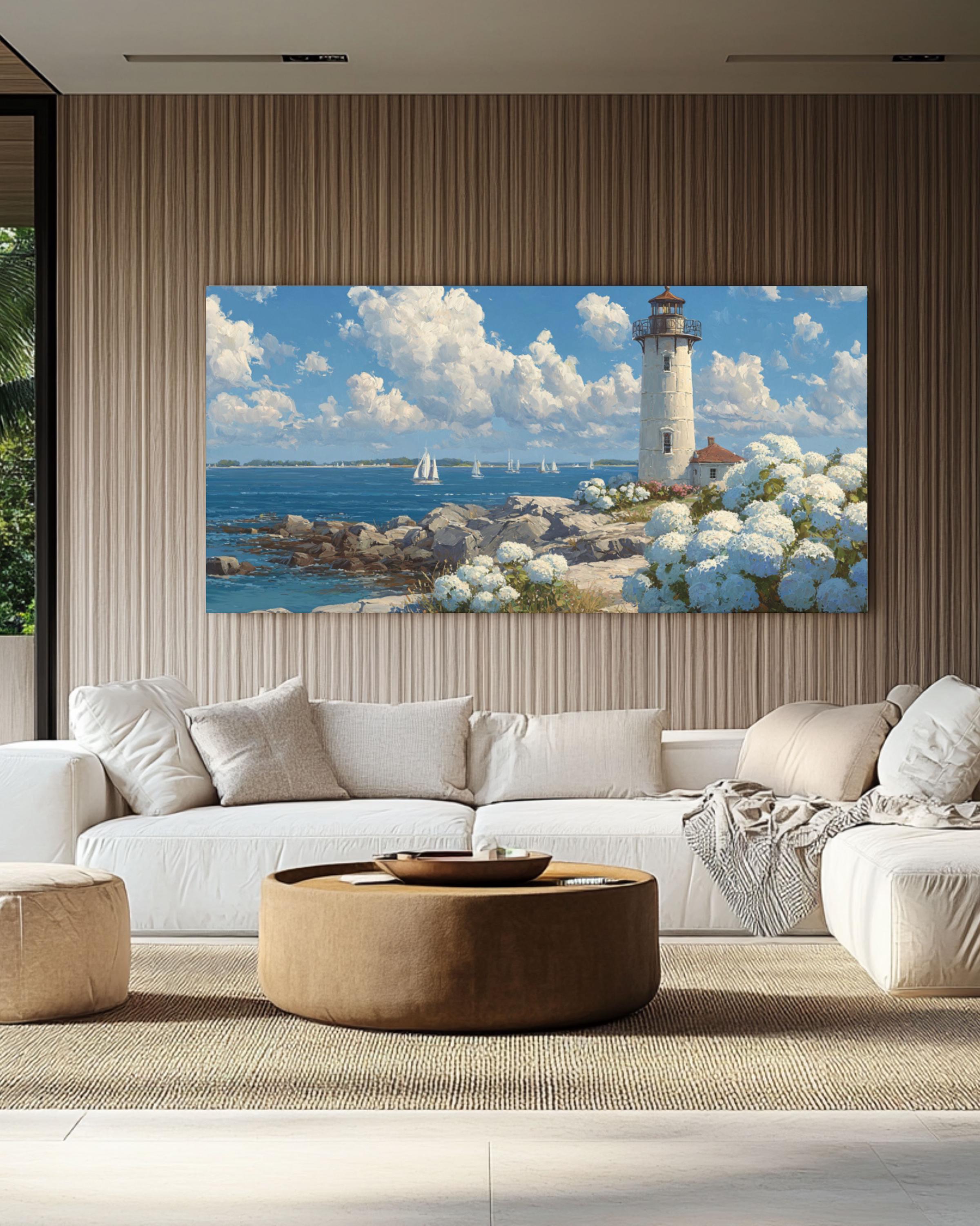 Coastal Lighthouse & Hydrangeas Wall Art – Cottage Style Ocean Canvas Print