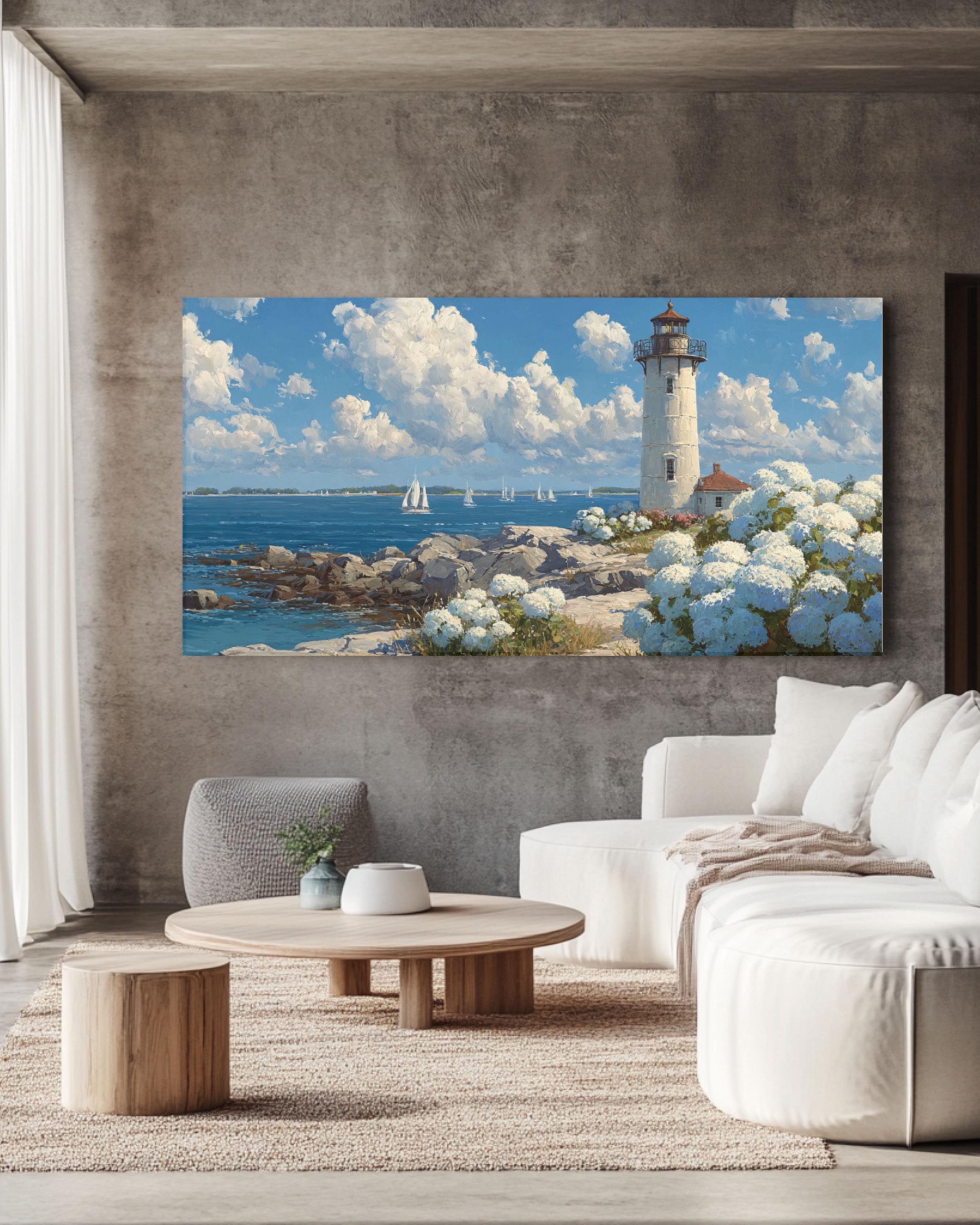 Coastal Lighthouse & Hydrangeas Wall Art – Cottage Style Ocean Canvas Print