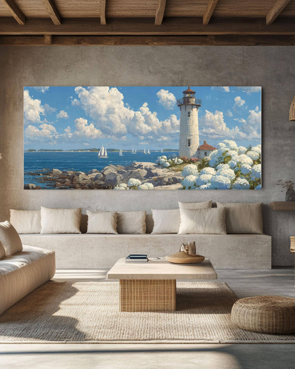 Coastal Lighthouse & Hydrangeas Wall Art – Cottage Style Ocean Canvas Print
