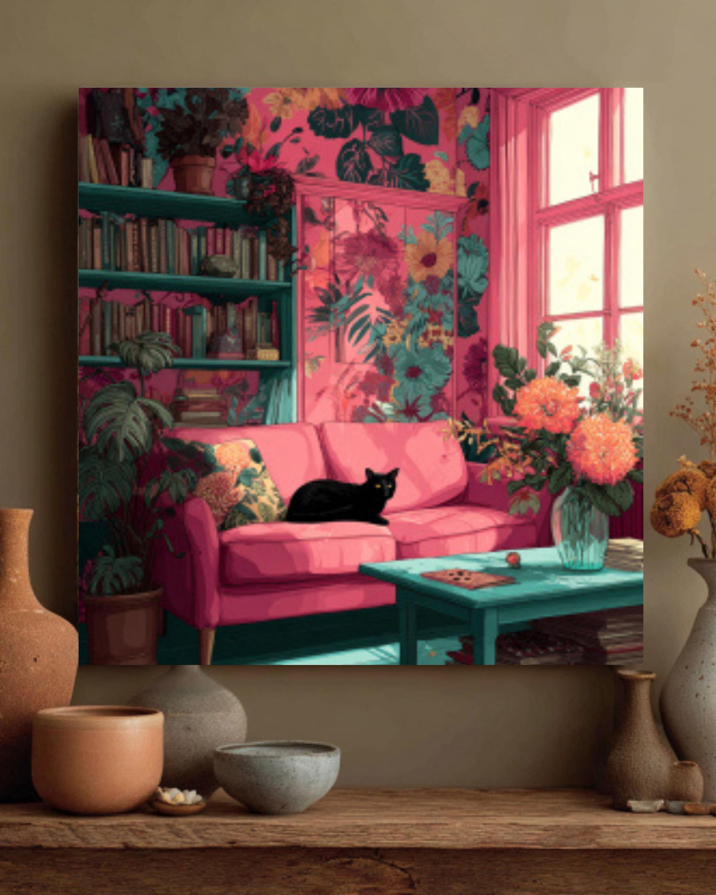Boho Pink Living Room Wall Art – Floral Interior with Black Cat Canvas Print