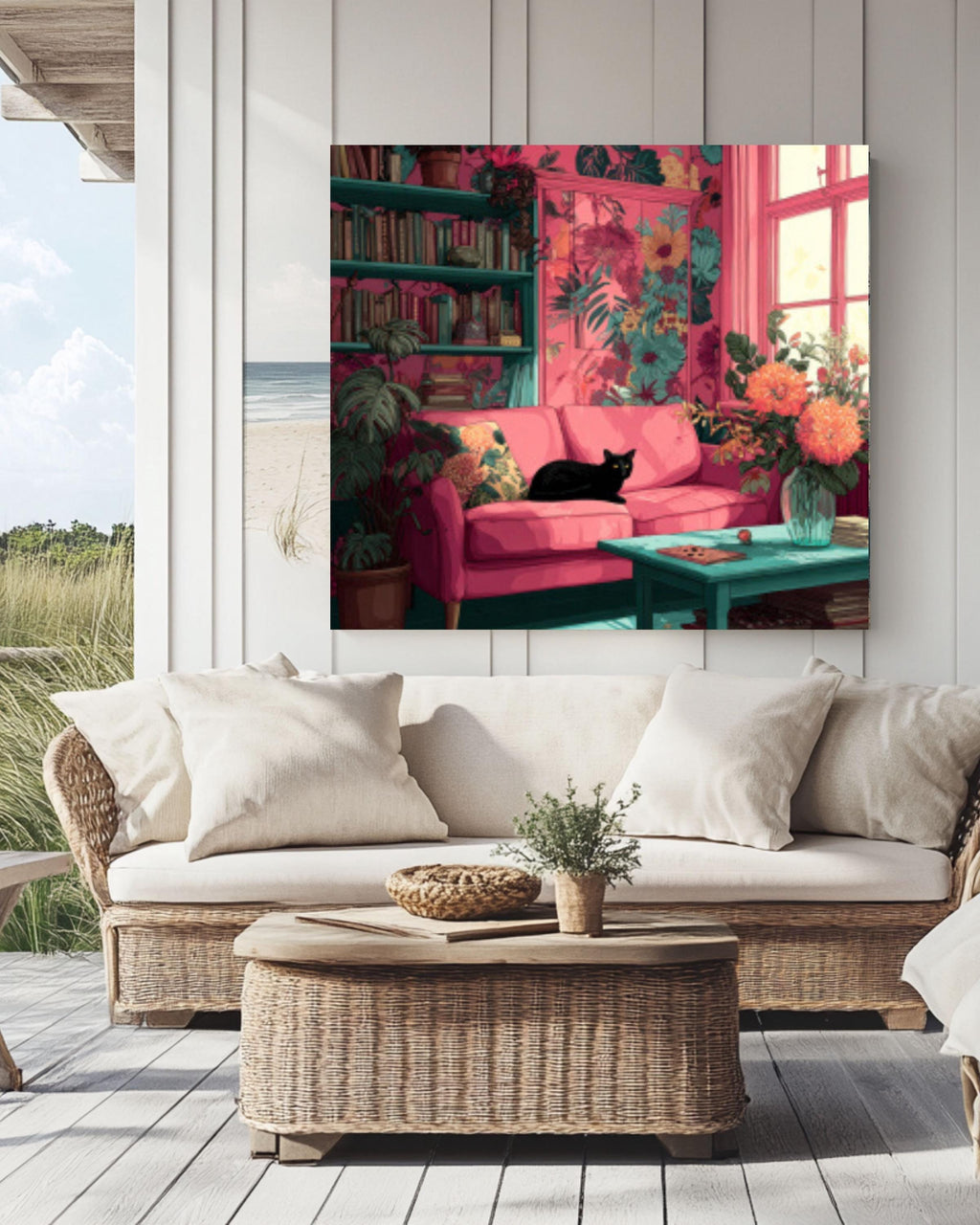 Boho Pink Living Room Wall Art – Floral Interior with Black Cat Canvas Print
