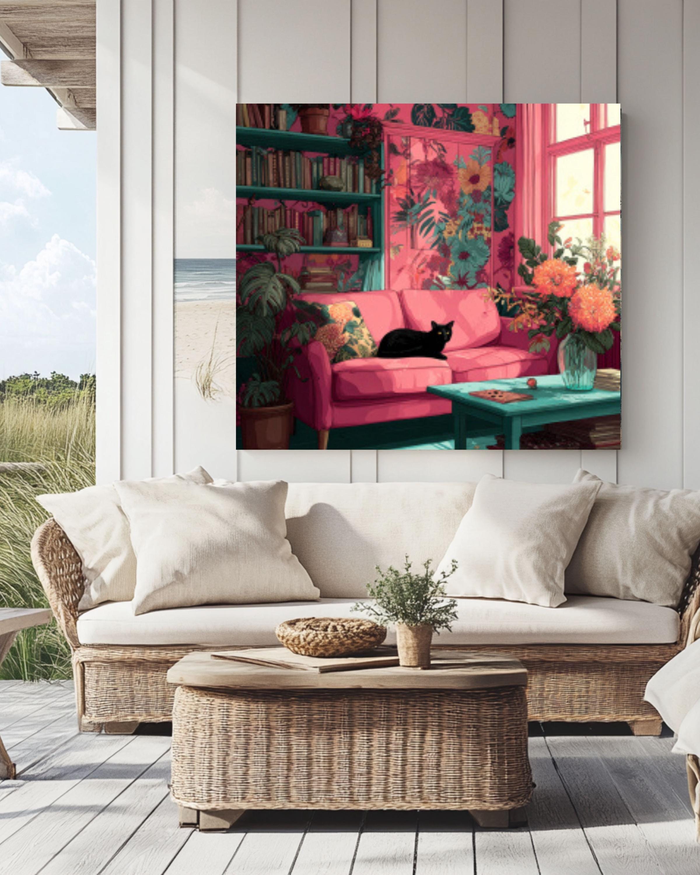 Boho Pink Living Room Wall Art – Floral Interior with Black Cat Canvas Print