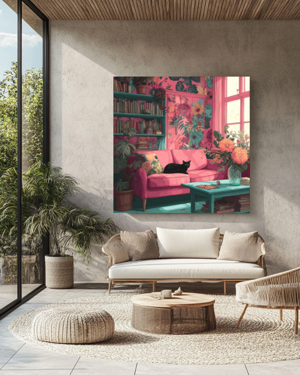 Boho Pink Living Room Wall Art – Floral Interior with Black Cat Canvas Print