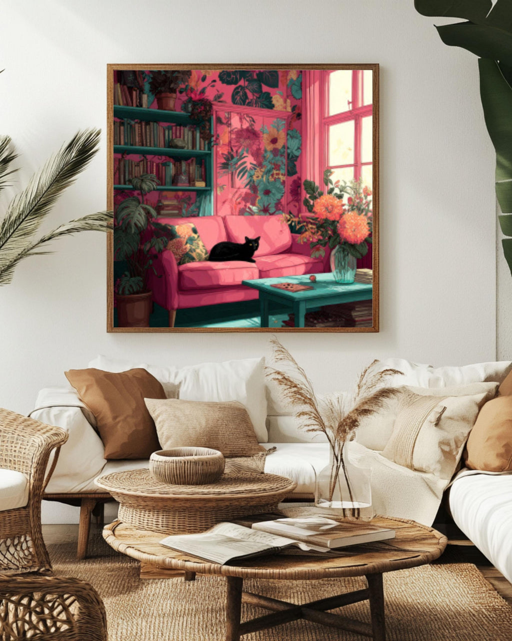 Boho Pink Living Room Wall Art – Floral Interior with Black Cat Canvas Print