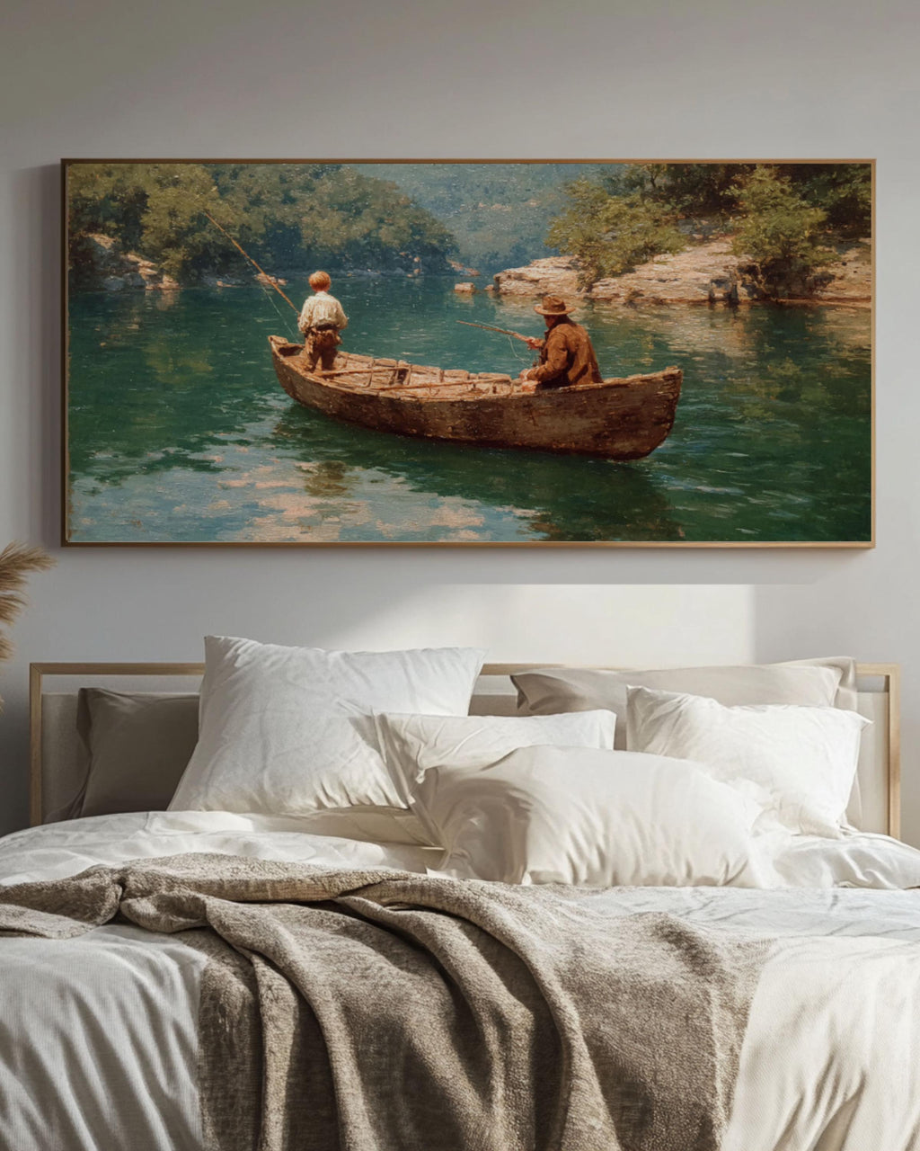 Vintage Fishing Canoe Wall Art – Lake Landscape Canvas Print