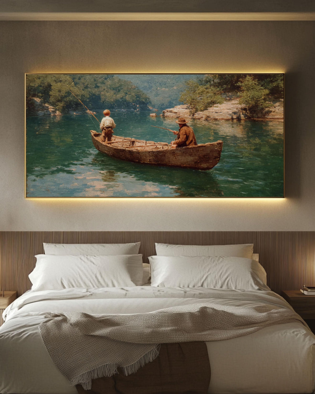 Vintage Fishing Canoe Wall Art – Lake Landscape Canvas Print