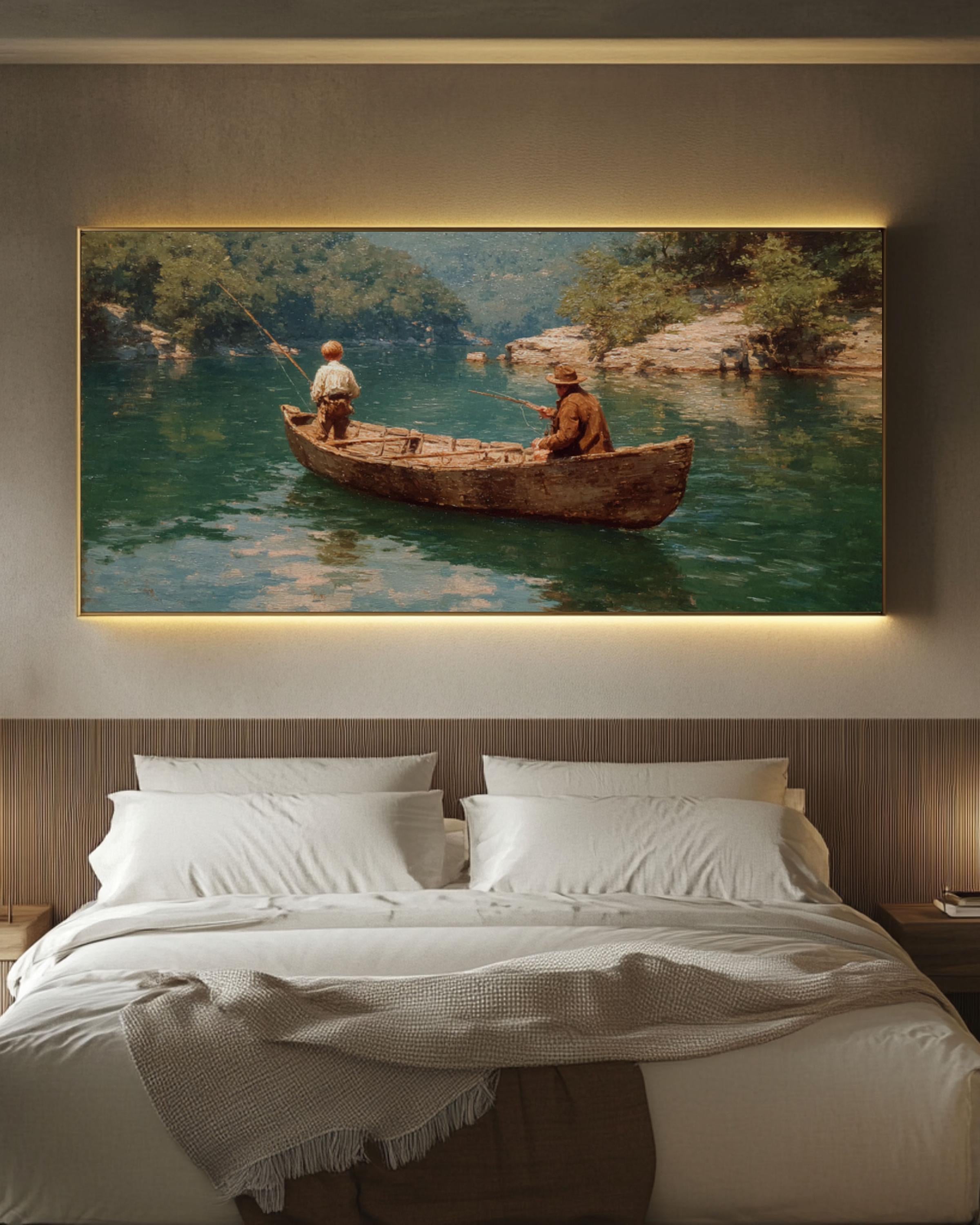 Vintage Fishing Canoe Wall Art – Lake Landscape Canvas Print
