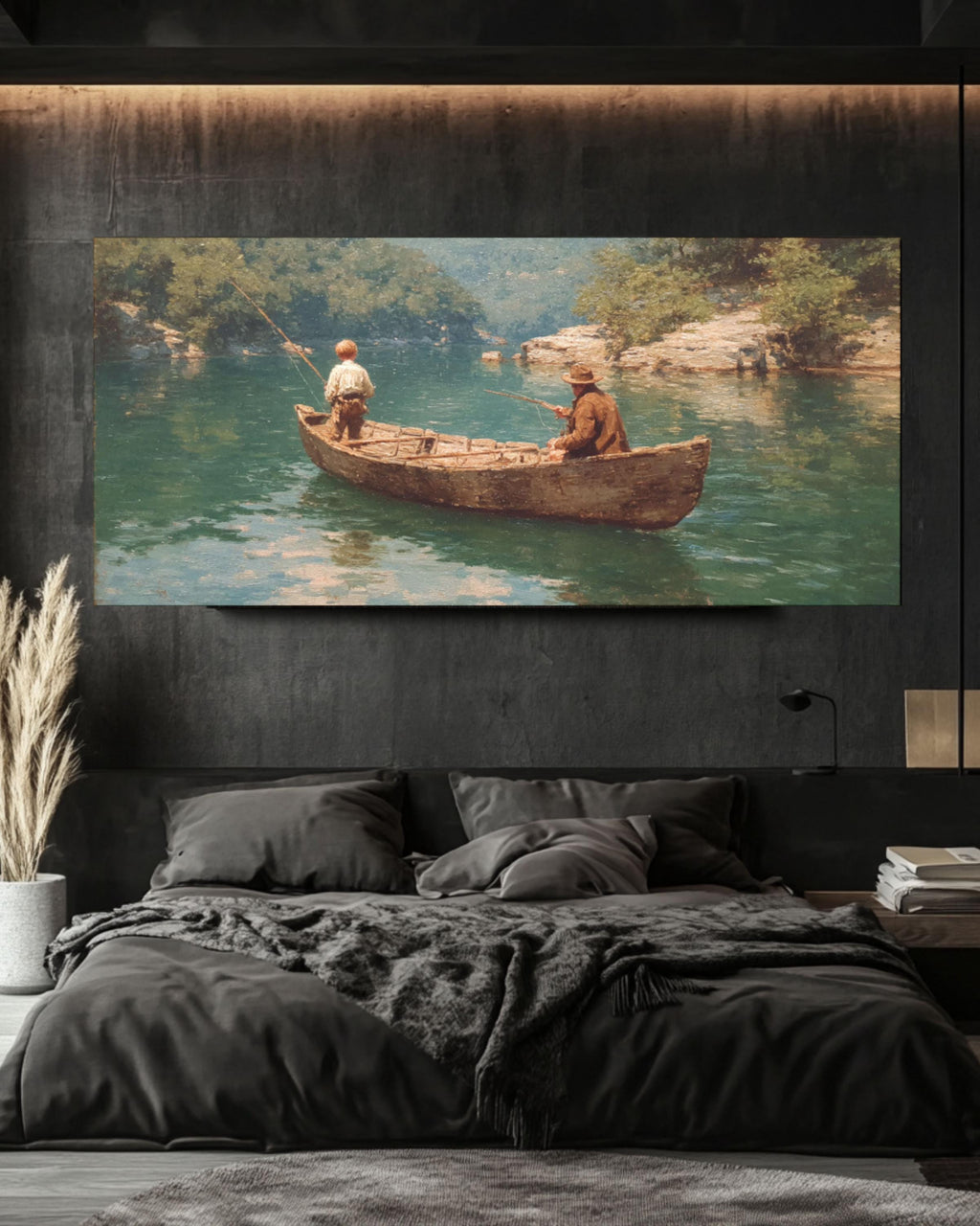 Vintage Fishing Canoe Wall Art – Lake Landscape Canvas Print