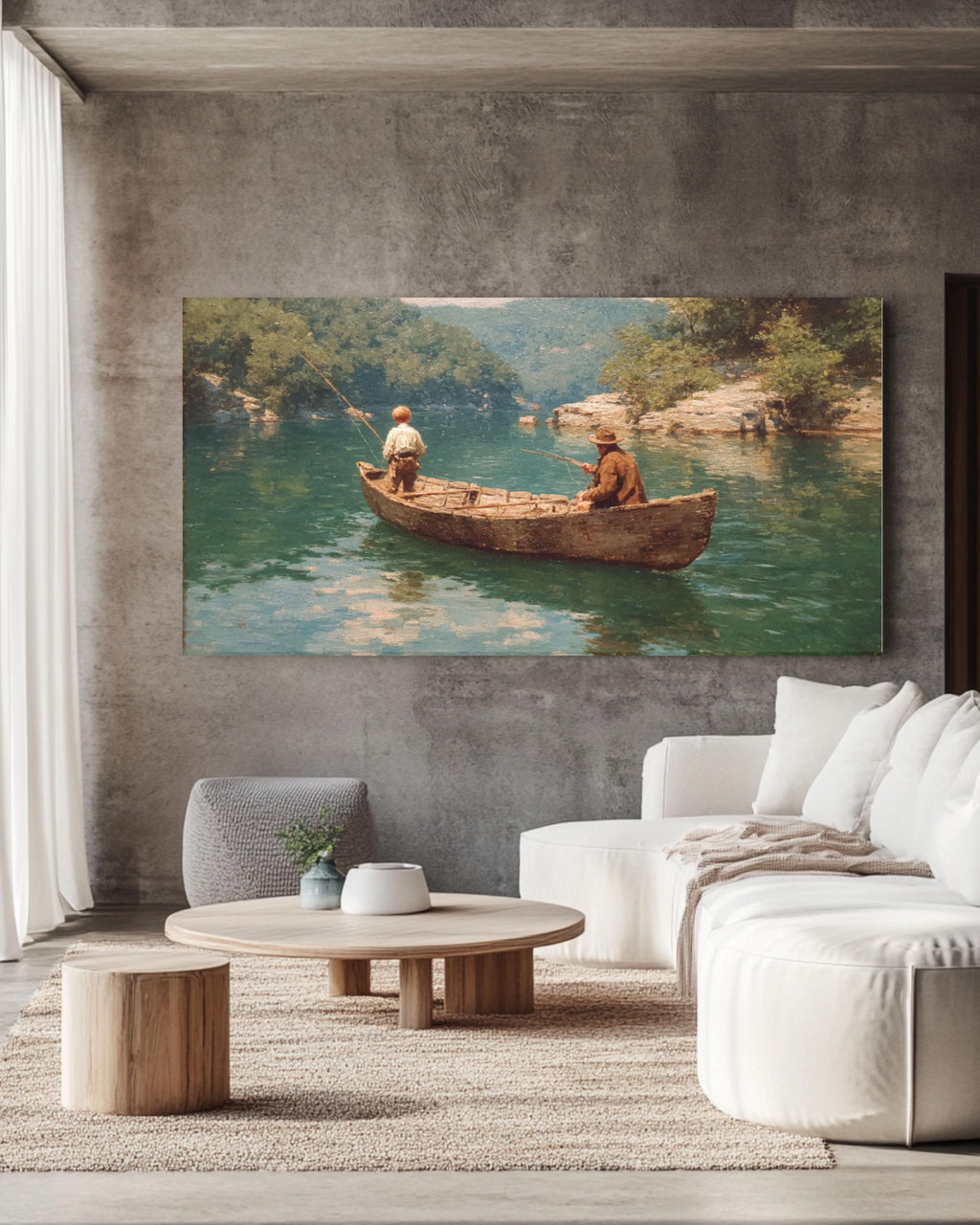Vintage Fishing Canoe Wall Art – Lake Landscape Canvas Print