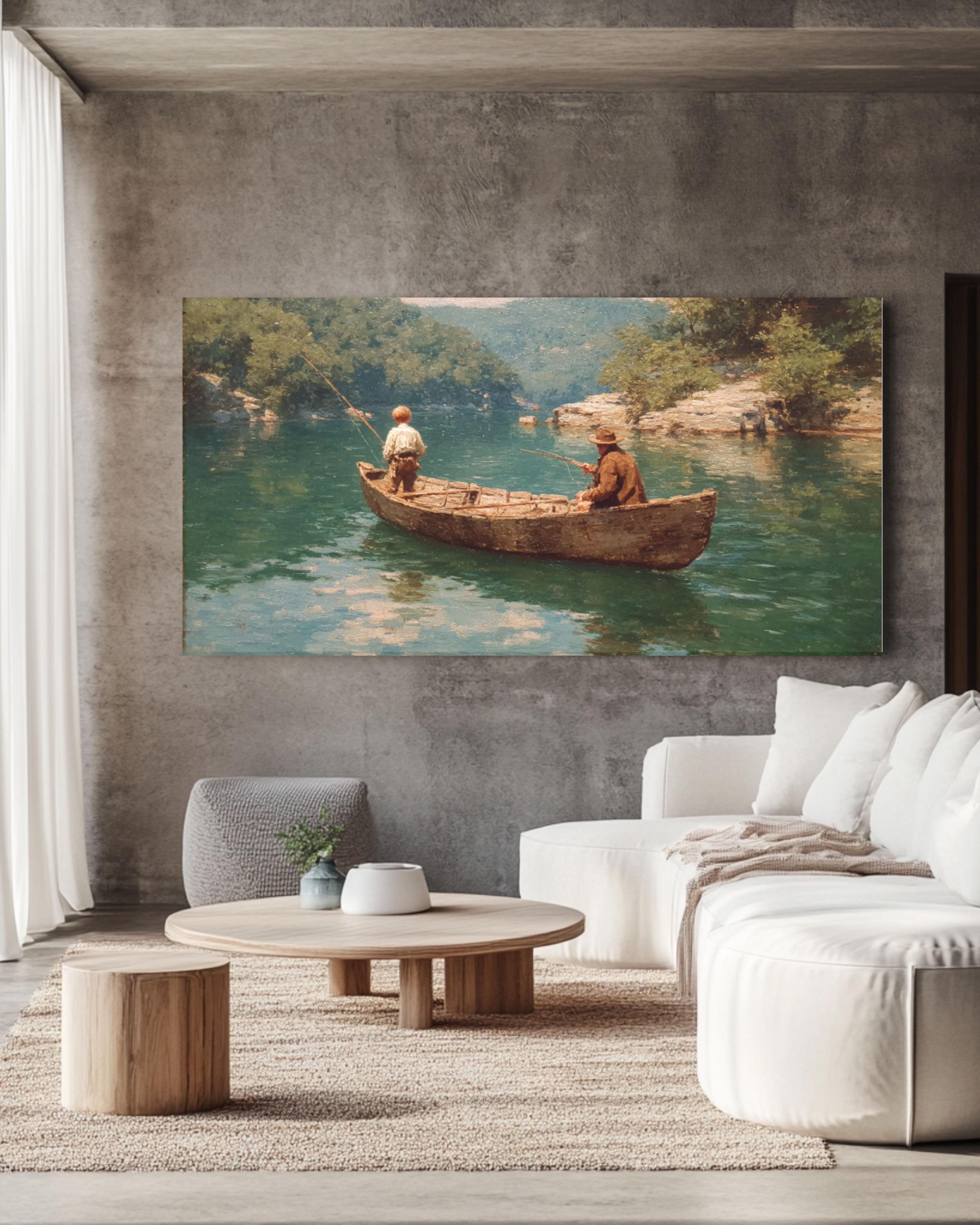 Vintage Fishing Canoe Wall Art – Lake Landscape Canvas Print