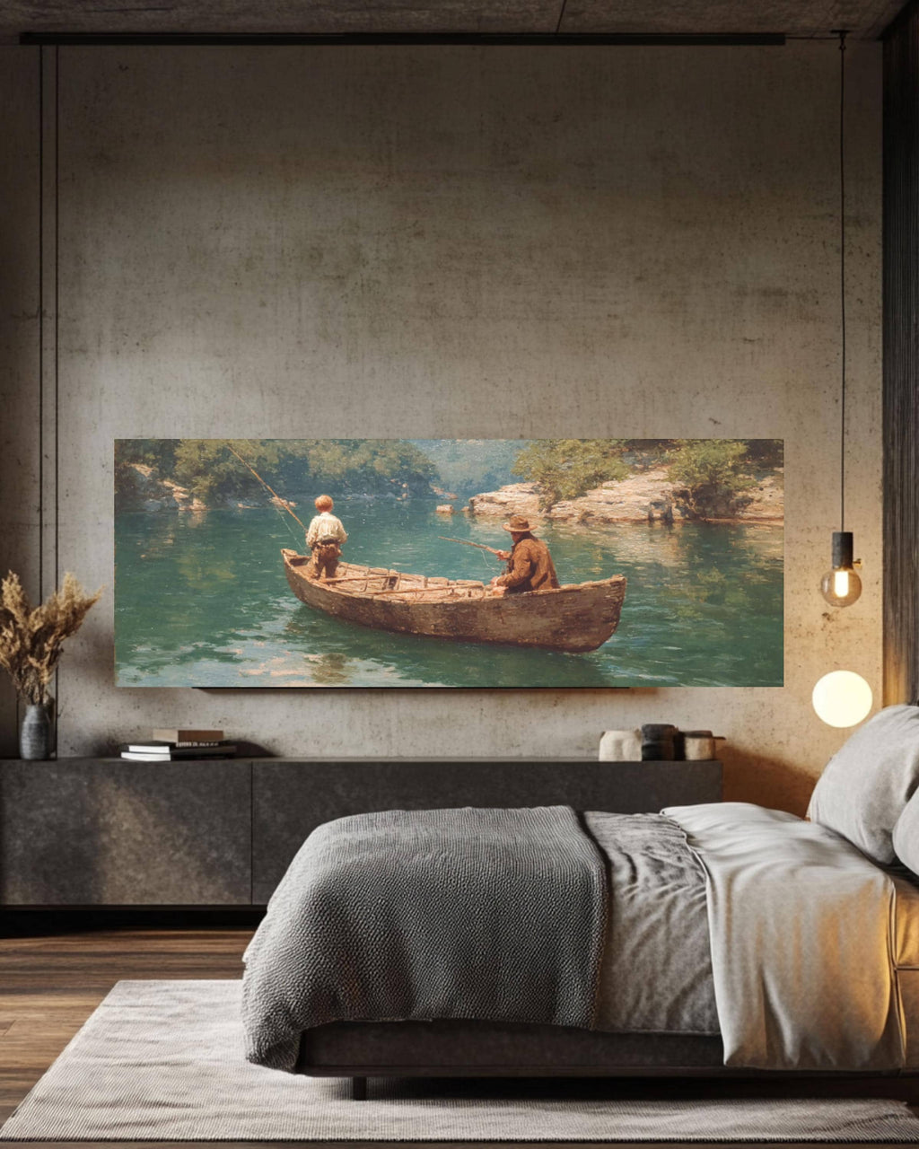 Vintage Fishing Canoe Wall Art – Lake Landscape Canvas Print