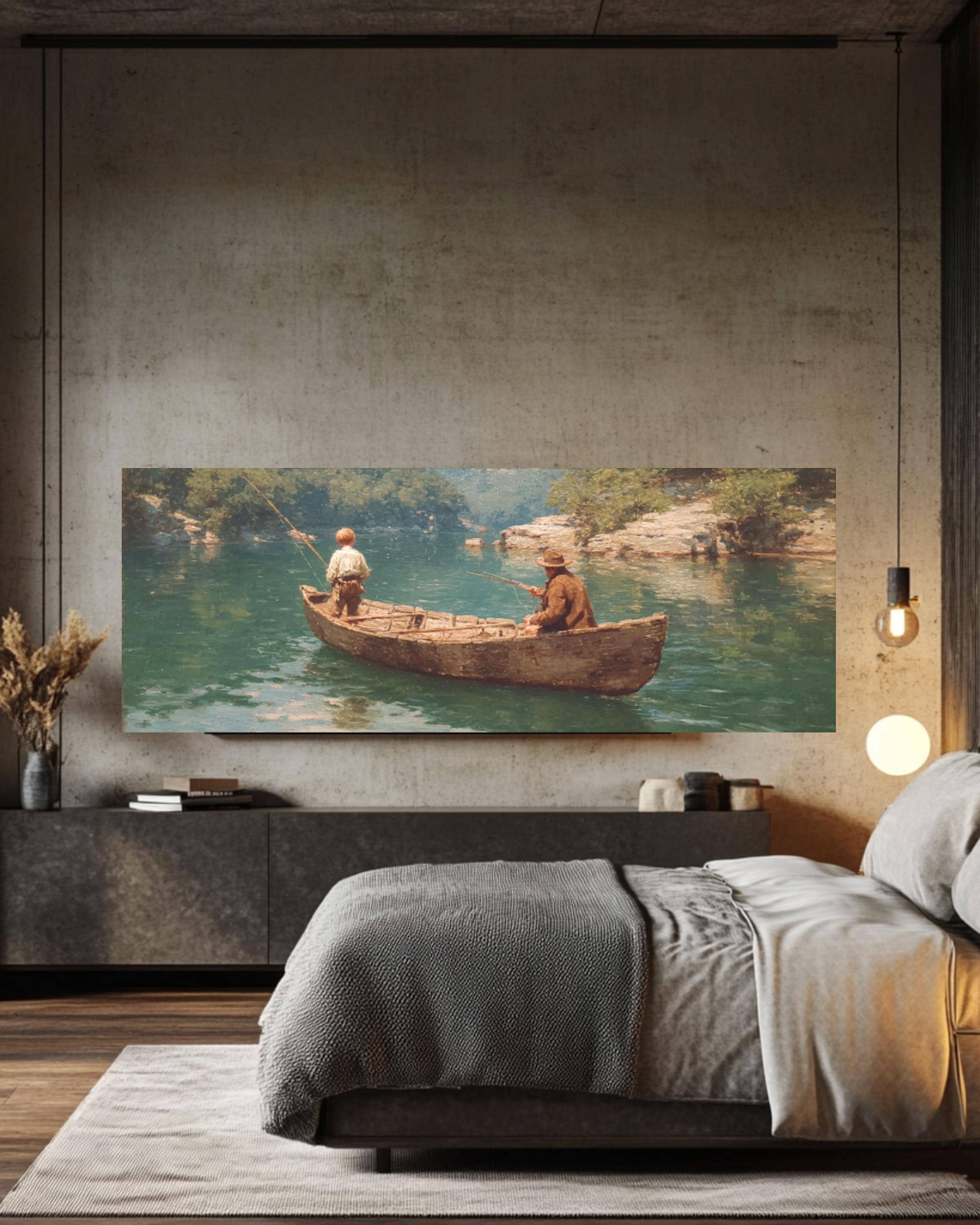 Vintage Fishing Canoe Wall Art – Lake Landscape Canvas Print