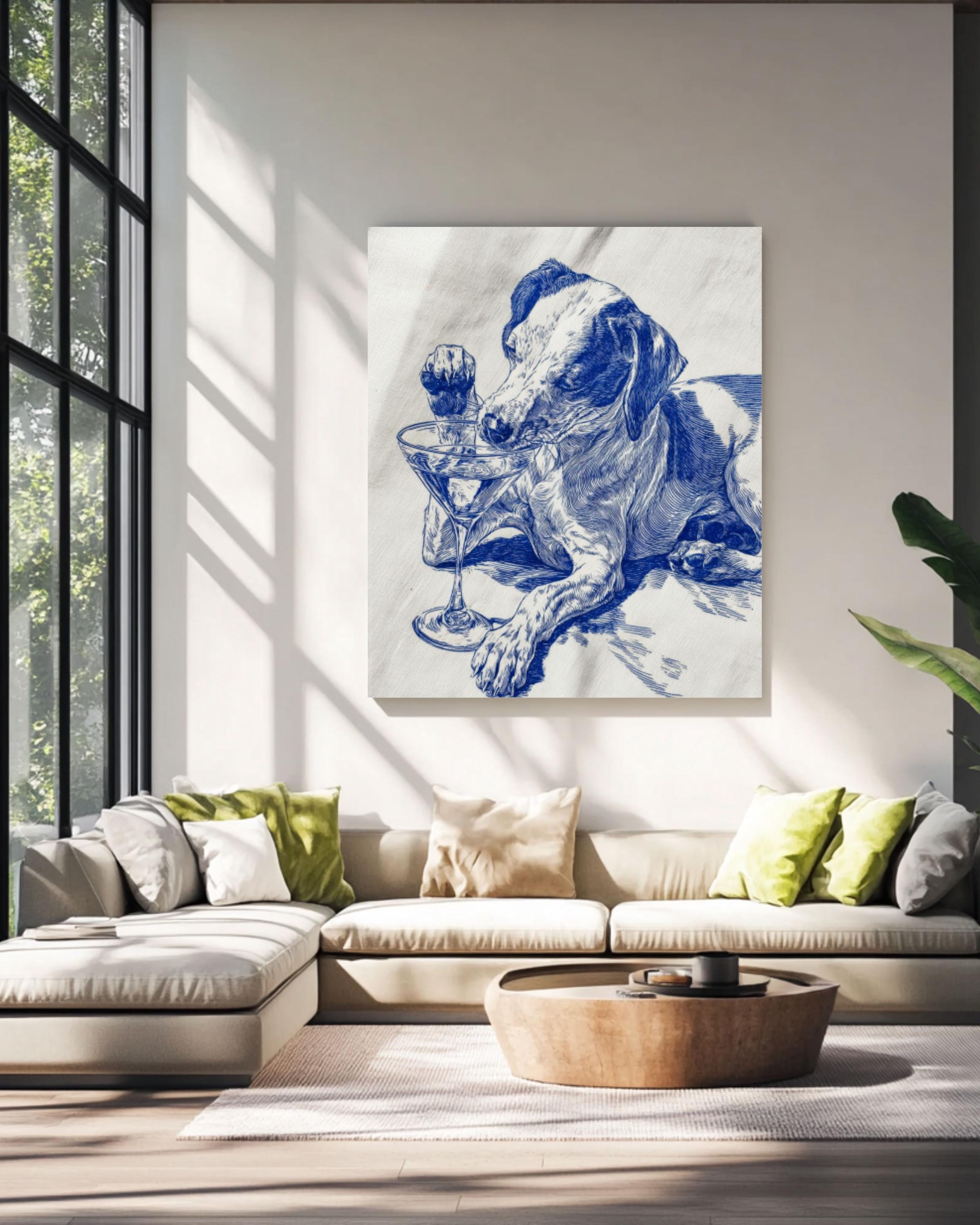 Blue Ink Dog Martini Wall Art – Funny Cocktail Lover Canvas Print