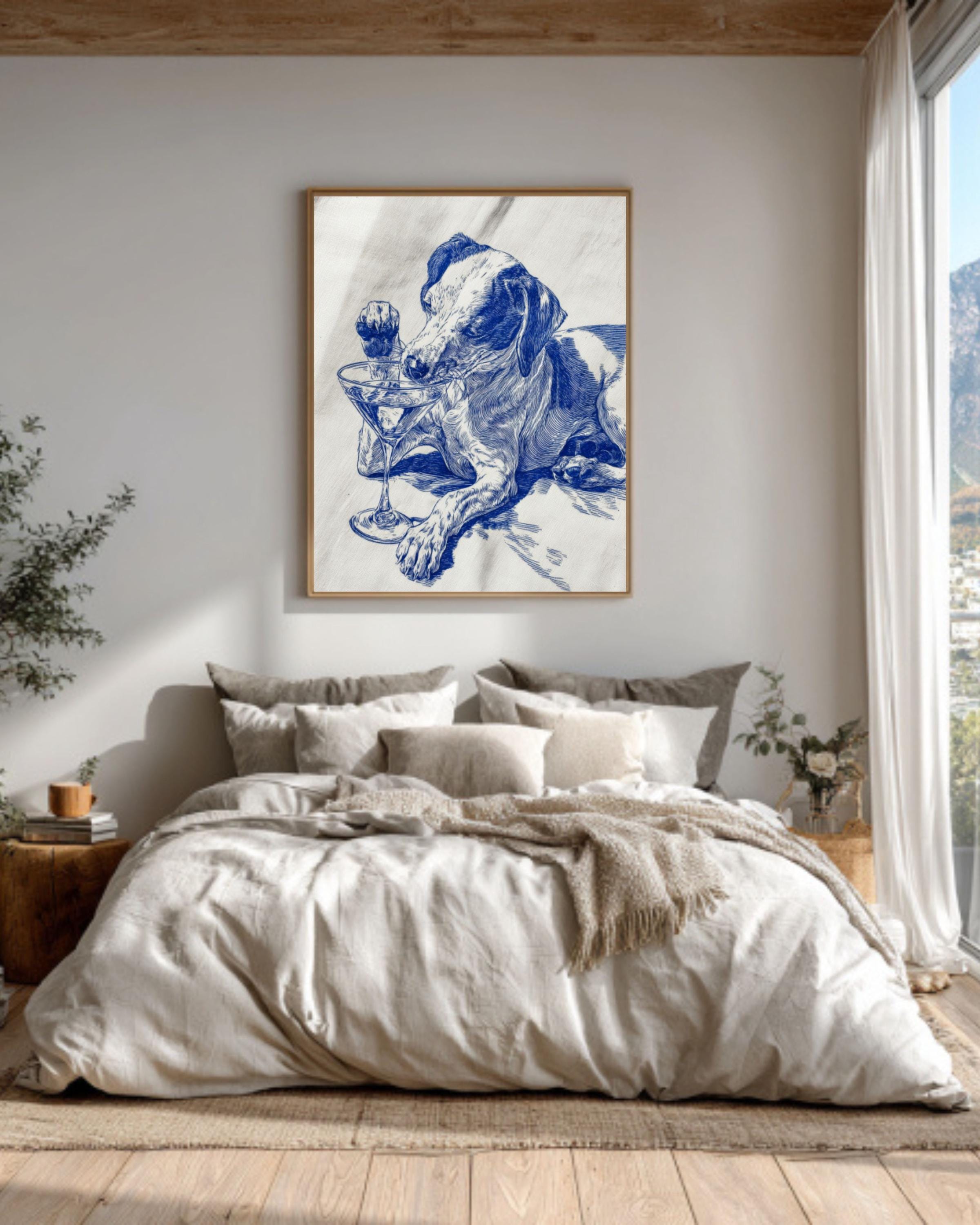 Blue Ink Dog Martini Wall Art – Funny Cocktail Lover Canvas Print