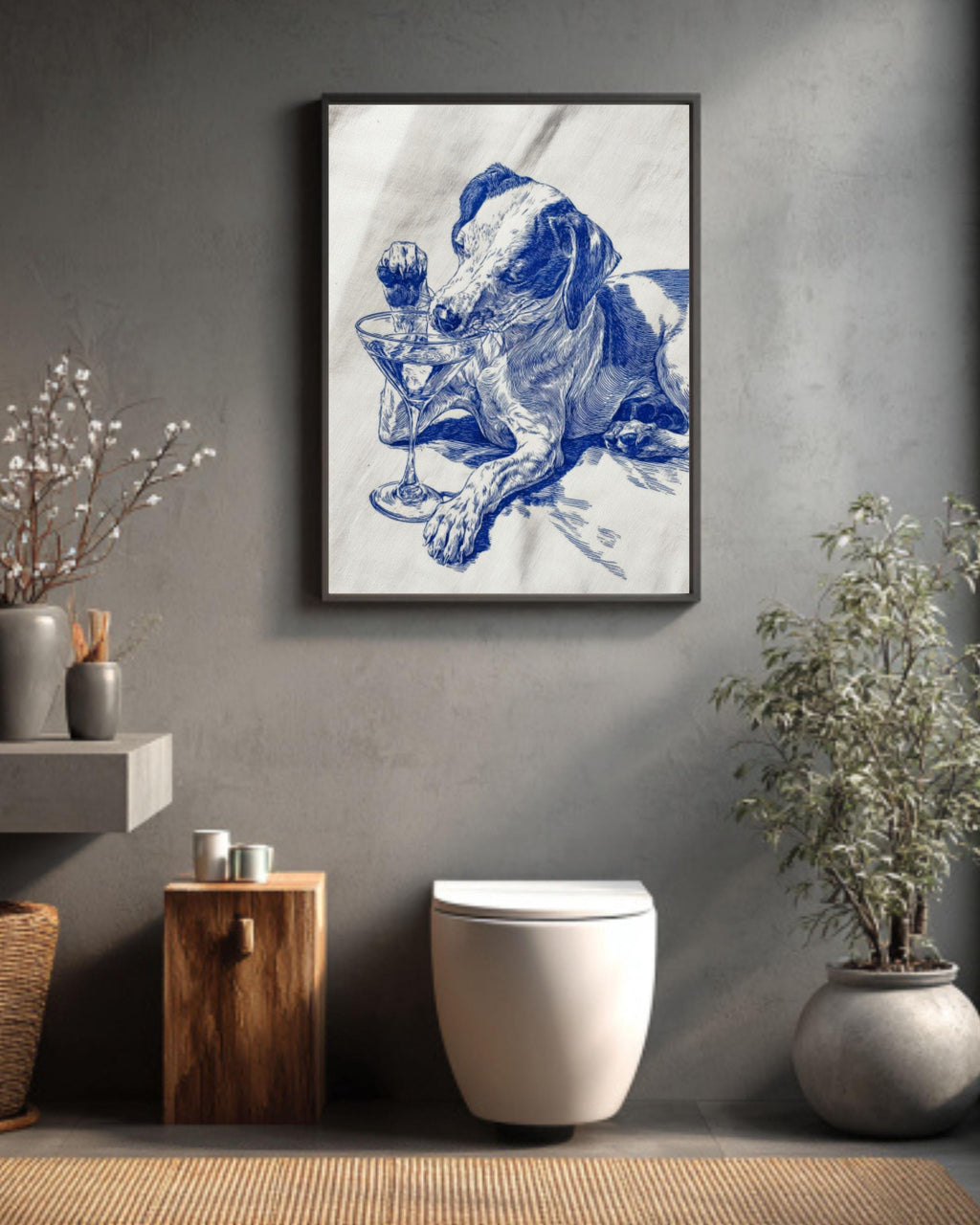 Blue Ink Dog Martini Wall Art – Funny Cocktail Lover Canvas Print