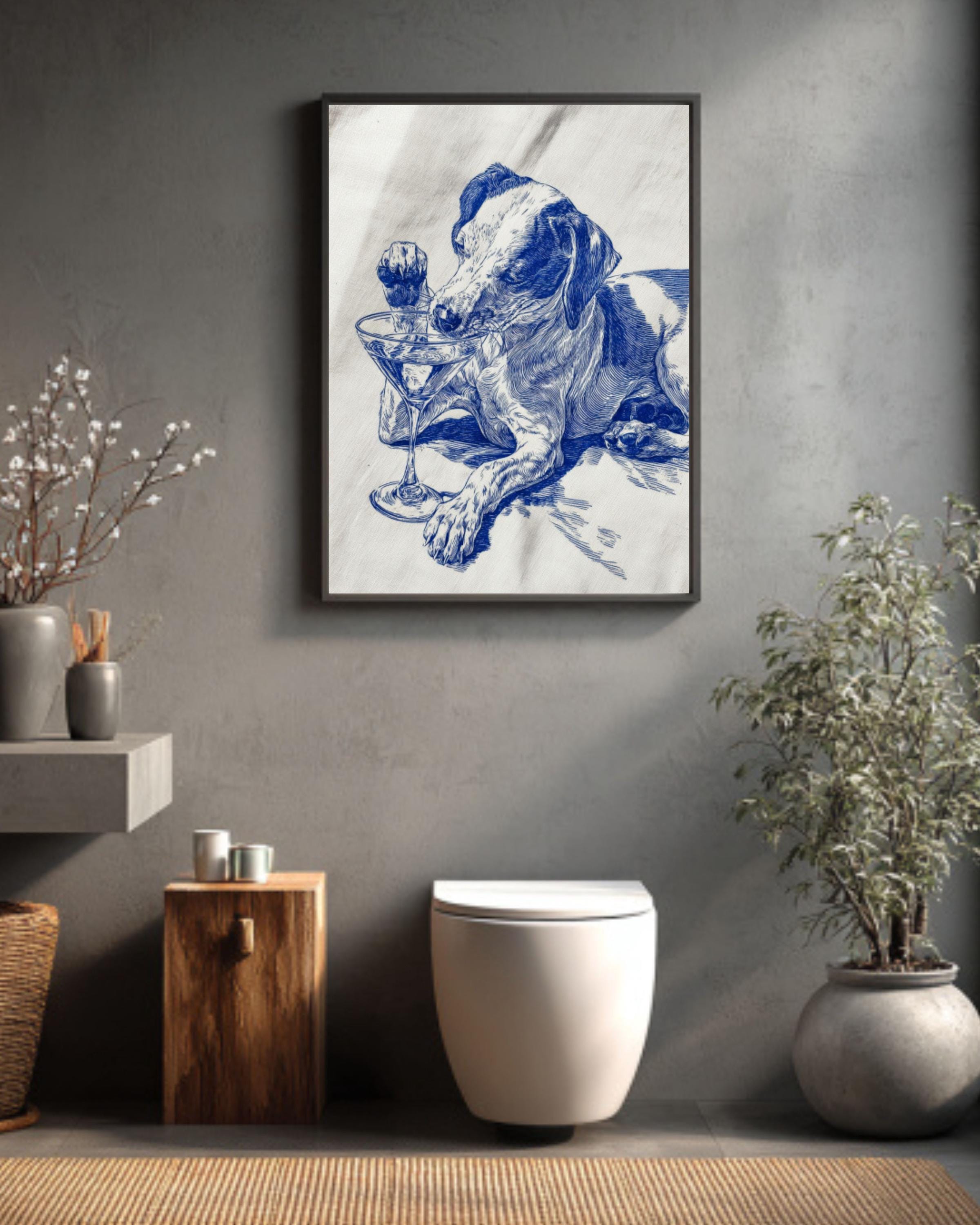 Blue Ink Dog Martini Wall Art – Funny Cocktail Lover Canvas Print
