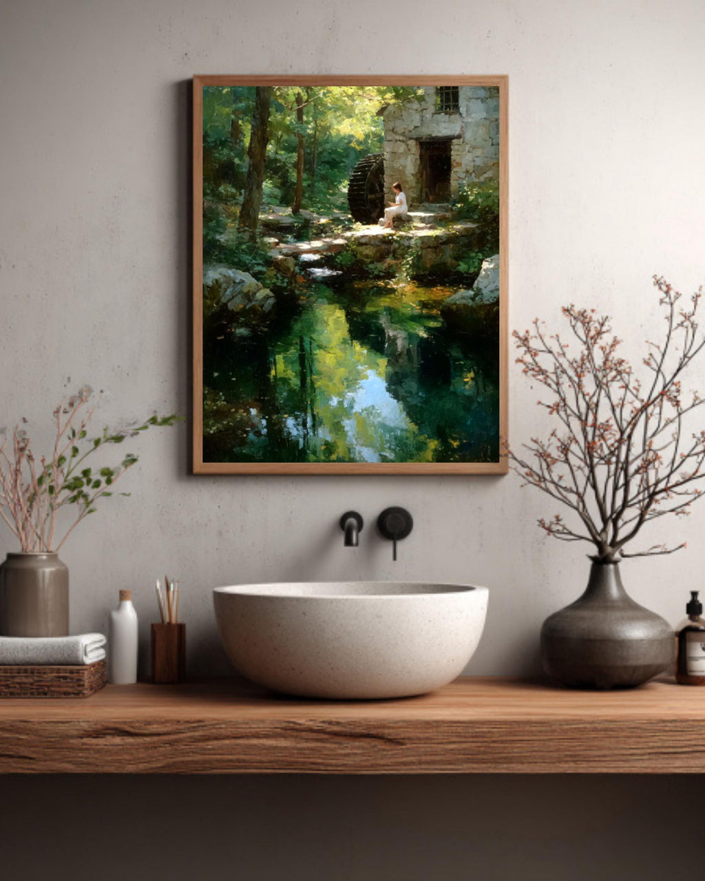 Water Mill Impressionist Landscape Wall Art – Woman by Forest Stream Canvas Print