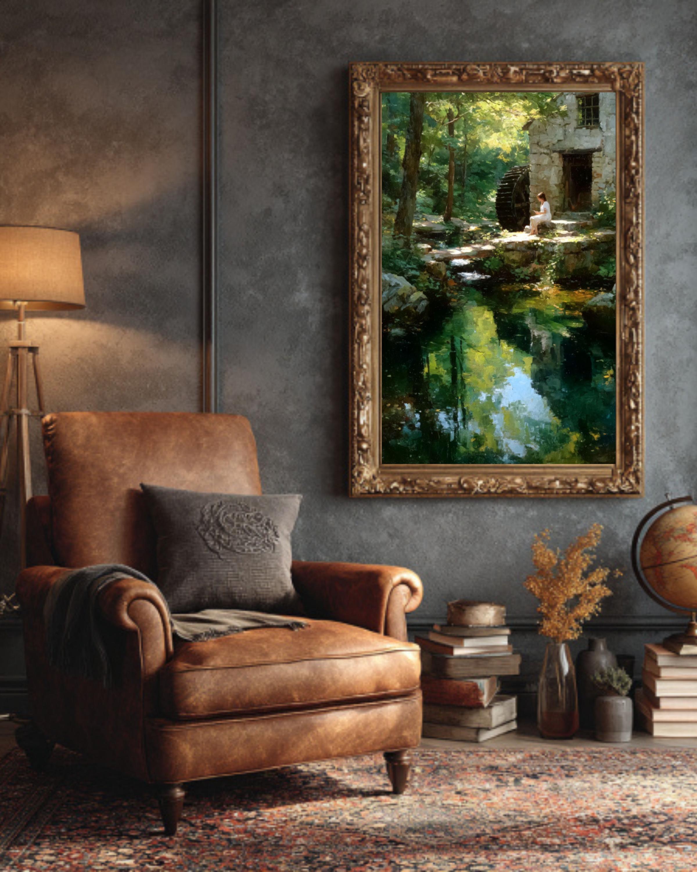 Water Mill Impressionist Landscape Wall Art – Woman by Forest Stream Canvas Print
