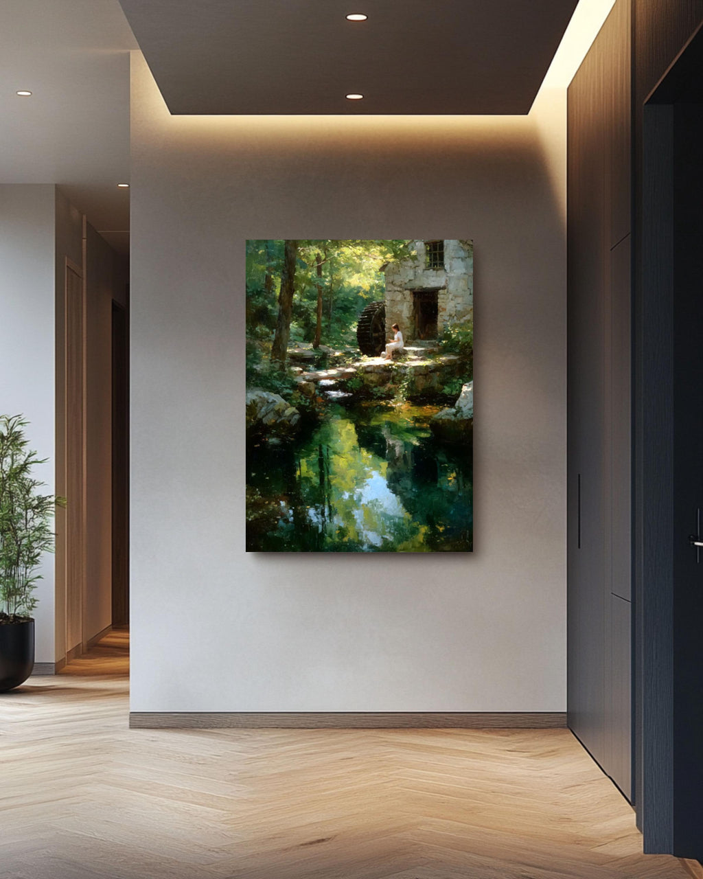 Water Mill Impressionist Landscape Wall Art – Woman by Forest Stream Canvas Print