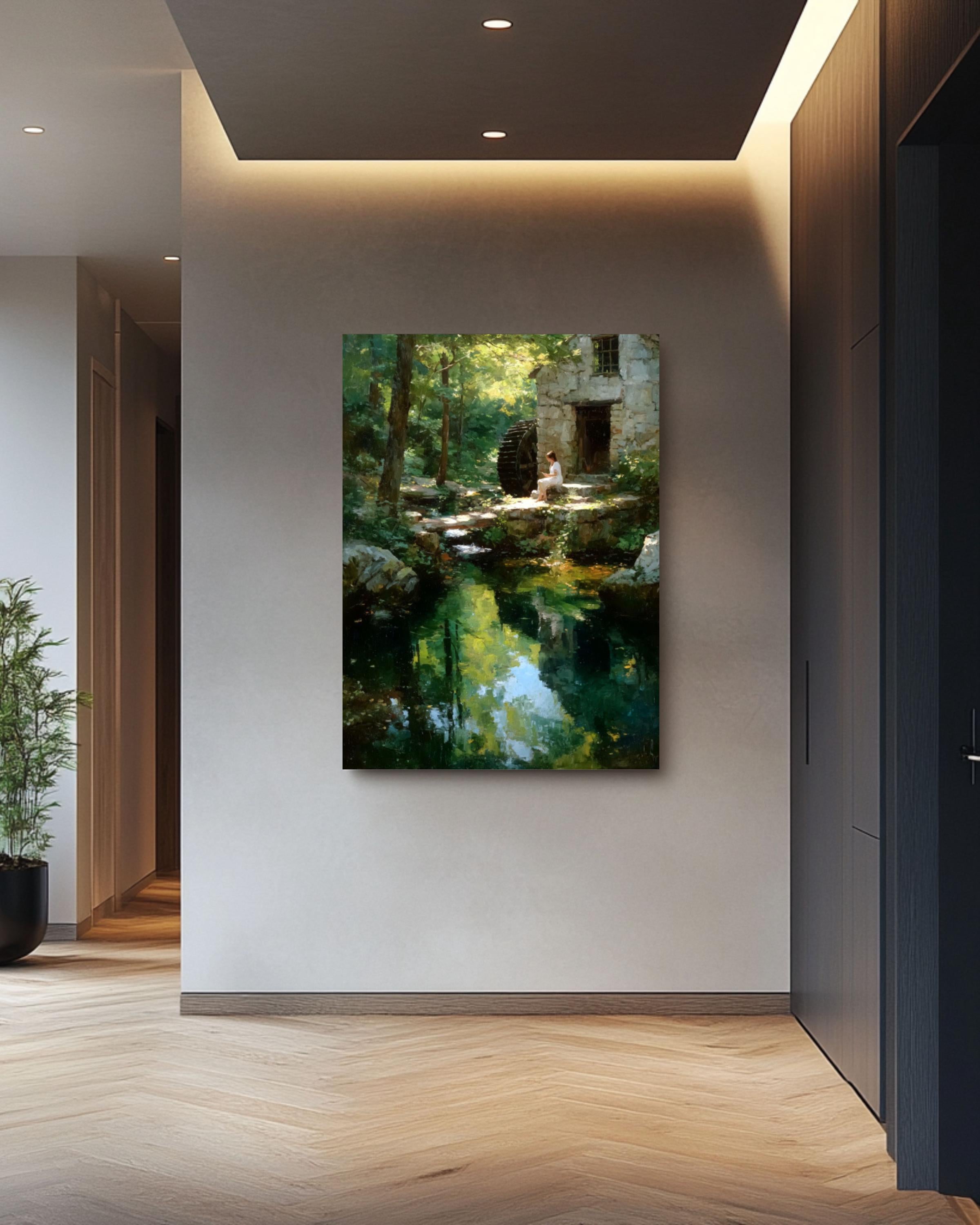 Water Mill Impressionist Landscape Wall Art – Woman by Forest Stream Canvas Print