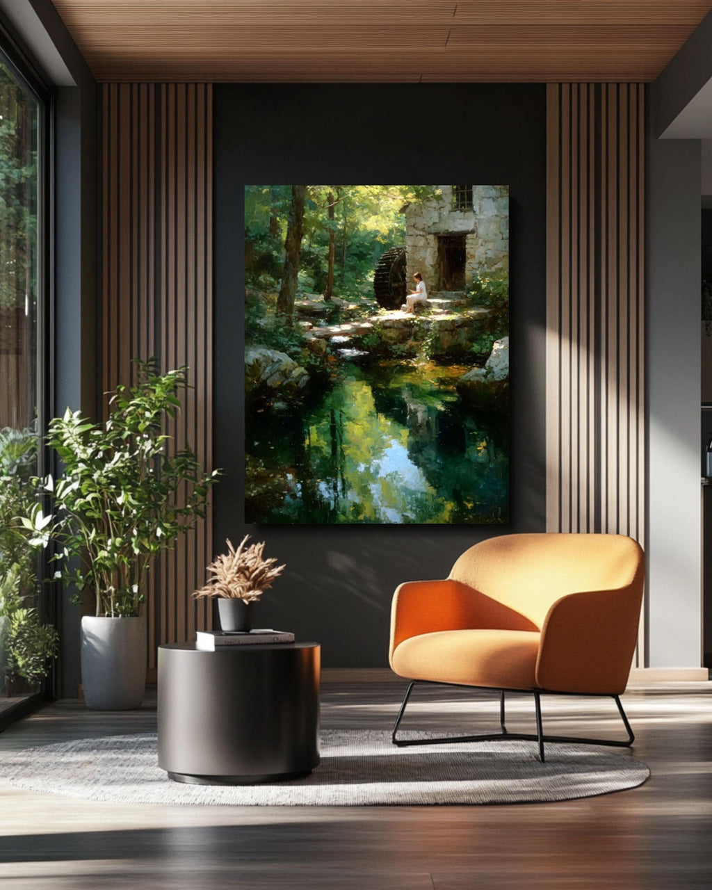 Water Mill Impressionist Landscape Wall Art – Woman by Forest Stream Canvas Print