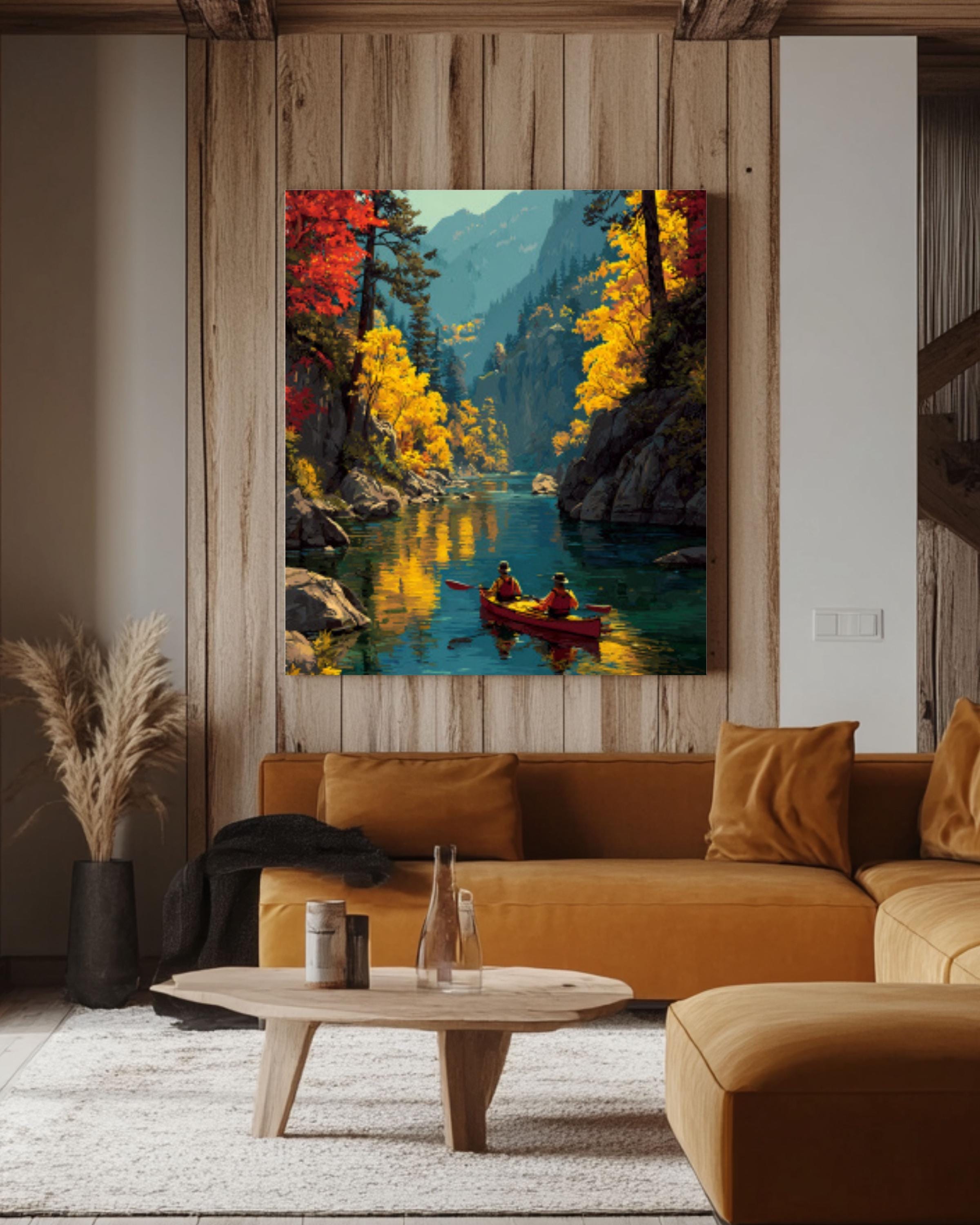 Autumn Kayaking Landscape Wall Art – Scenic Fall Forest River Canvas Print
