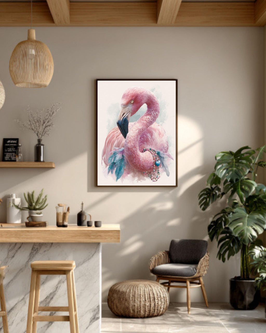 Boho Flamingo Watercolor Wall Art – Pink Bird Bohemian Canvas Print