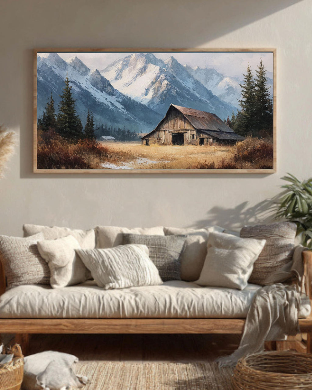 Rustic Barn & Snowy Mountain Wall Art – Farmhouse Winter Landscape Canvas Print