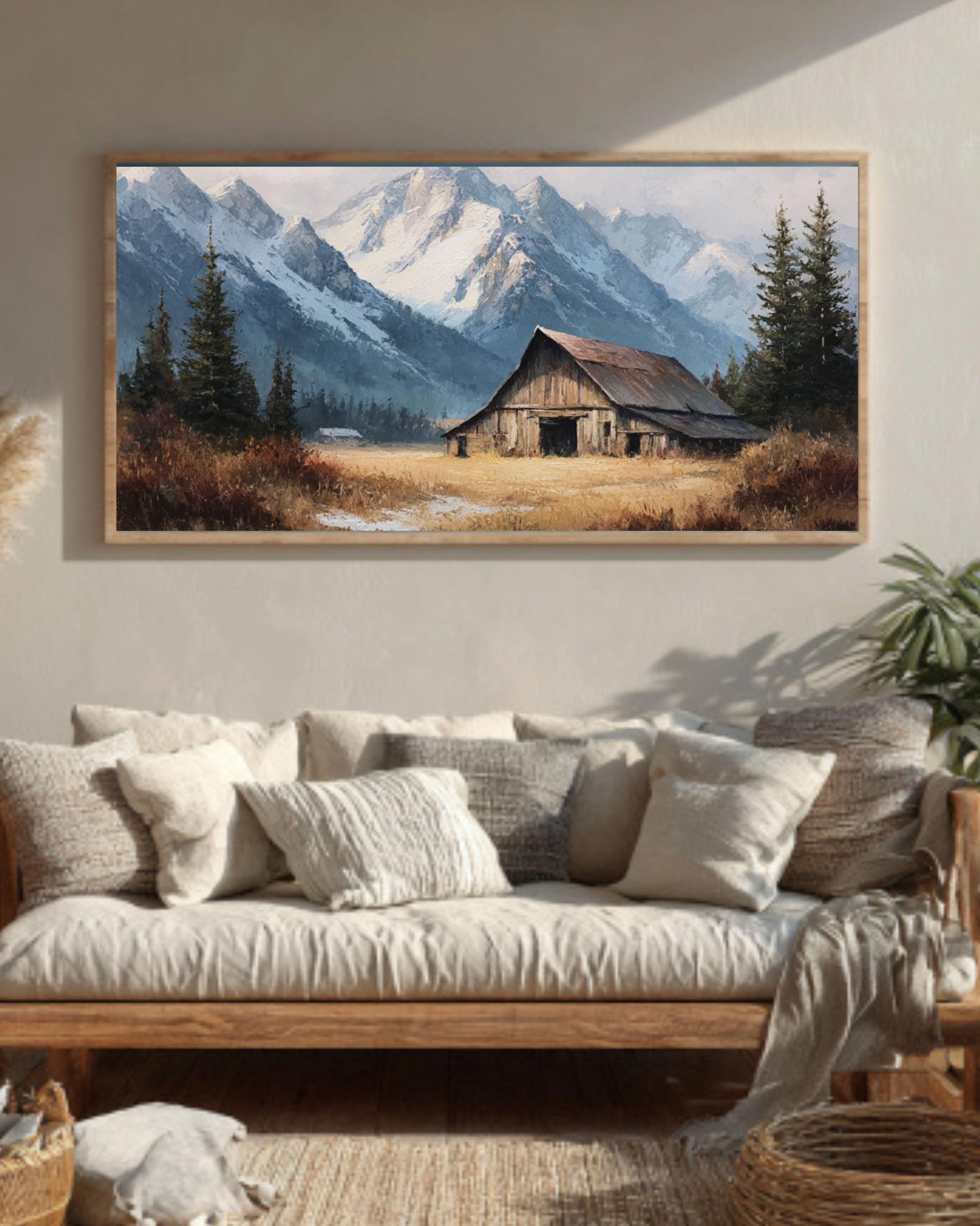 Rustic Barn & Snowy Mountain Wall Art – Farmhouse Winter Landscape Canvas Print