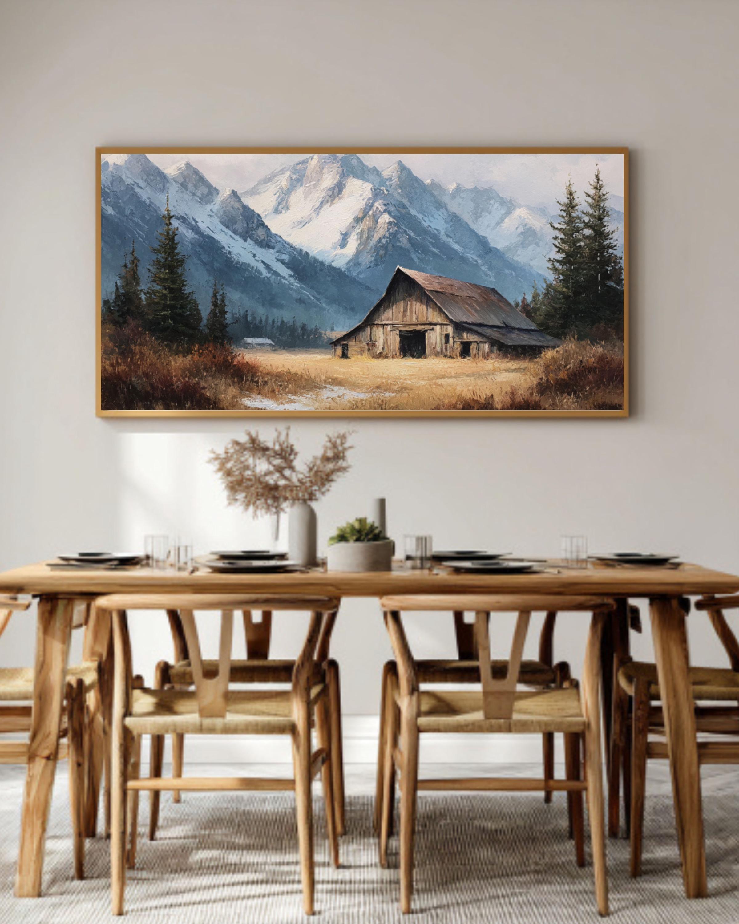 Rustic Barn & Snowy Mountain Wall Art – Farmhouse Winter Landscape Canvas Print