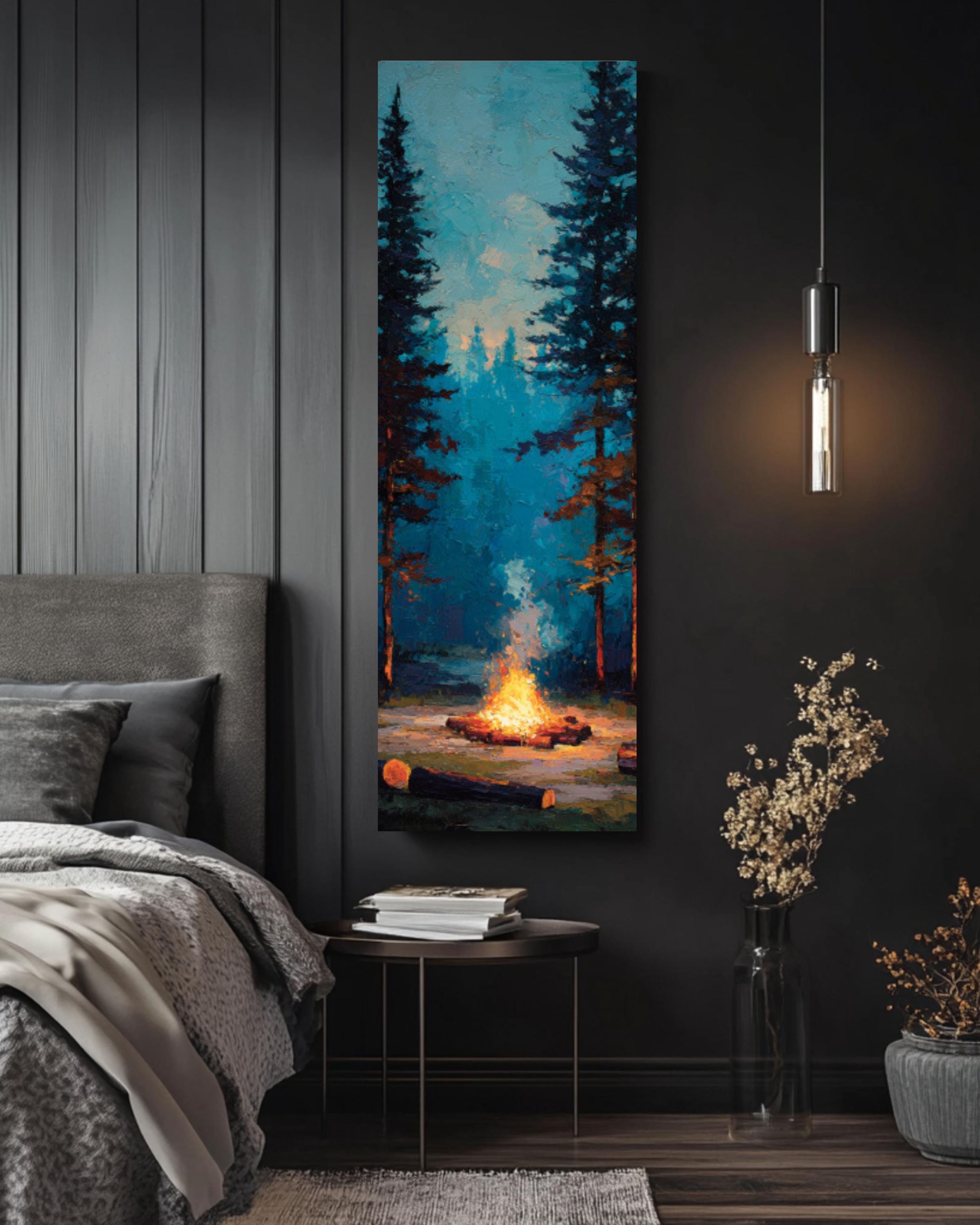 Rustic Campfire Pine Forest Wall Art – Cozy Woodland Landscape Canvas Print