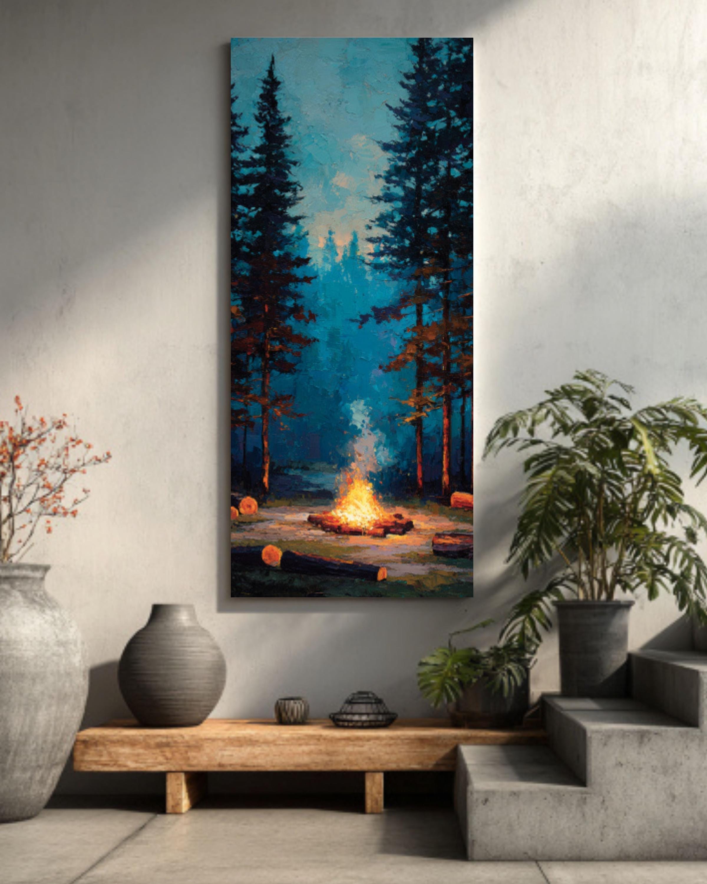 Rustic Campfire Pine Forest Wall Art – Cozy Woodland Landscape Canvas Print
