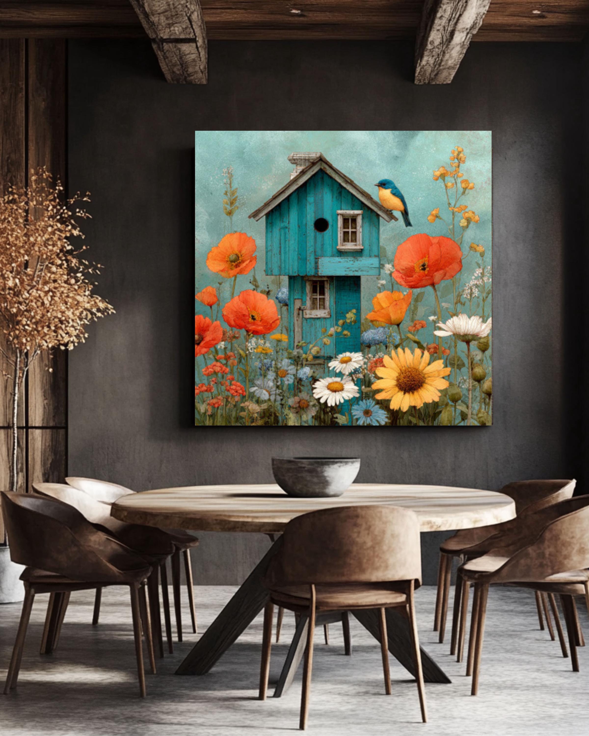 Watercolor Birdhouse Garden Wall Art – Bluebird & Wildflowers Canvas Print