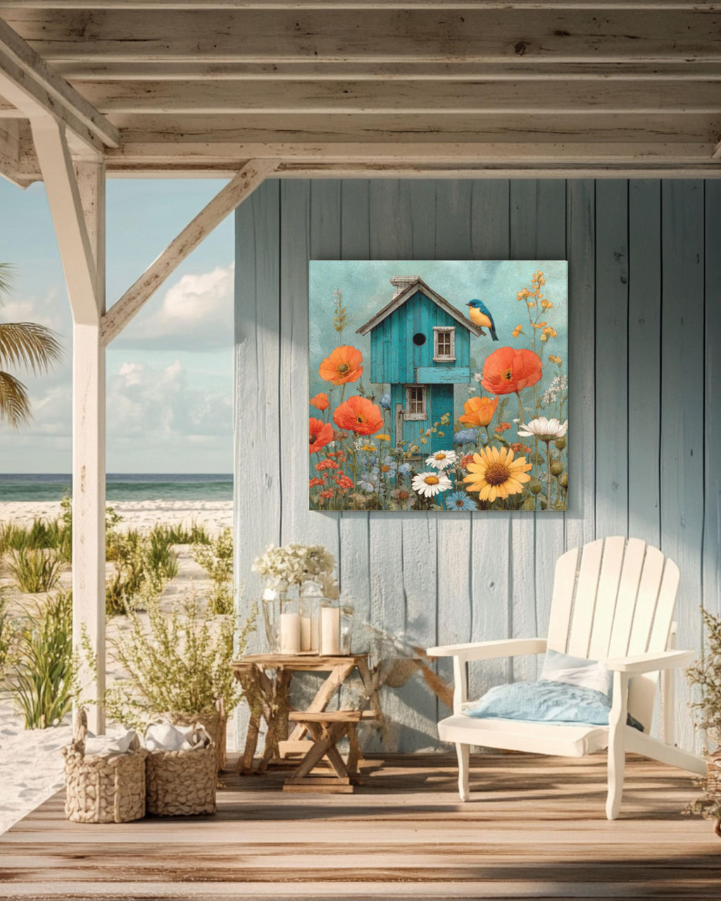 Watercolor Birdhouse Garden Wall Art – Bluebird & Wildflowers Canvas Print