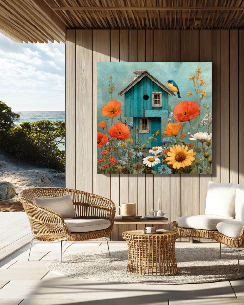 Watercolor Birdhouse Garden Wall Art – Bluebird & Wildflowers Canvas Print