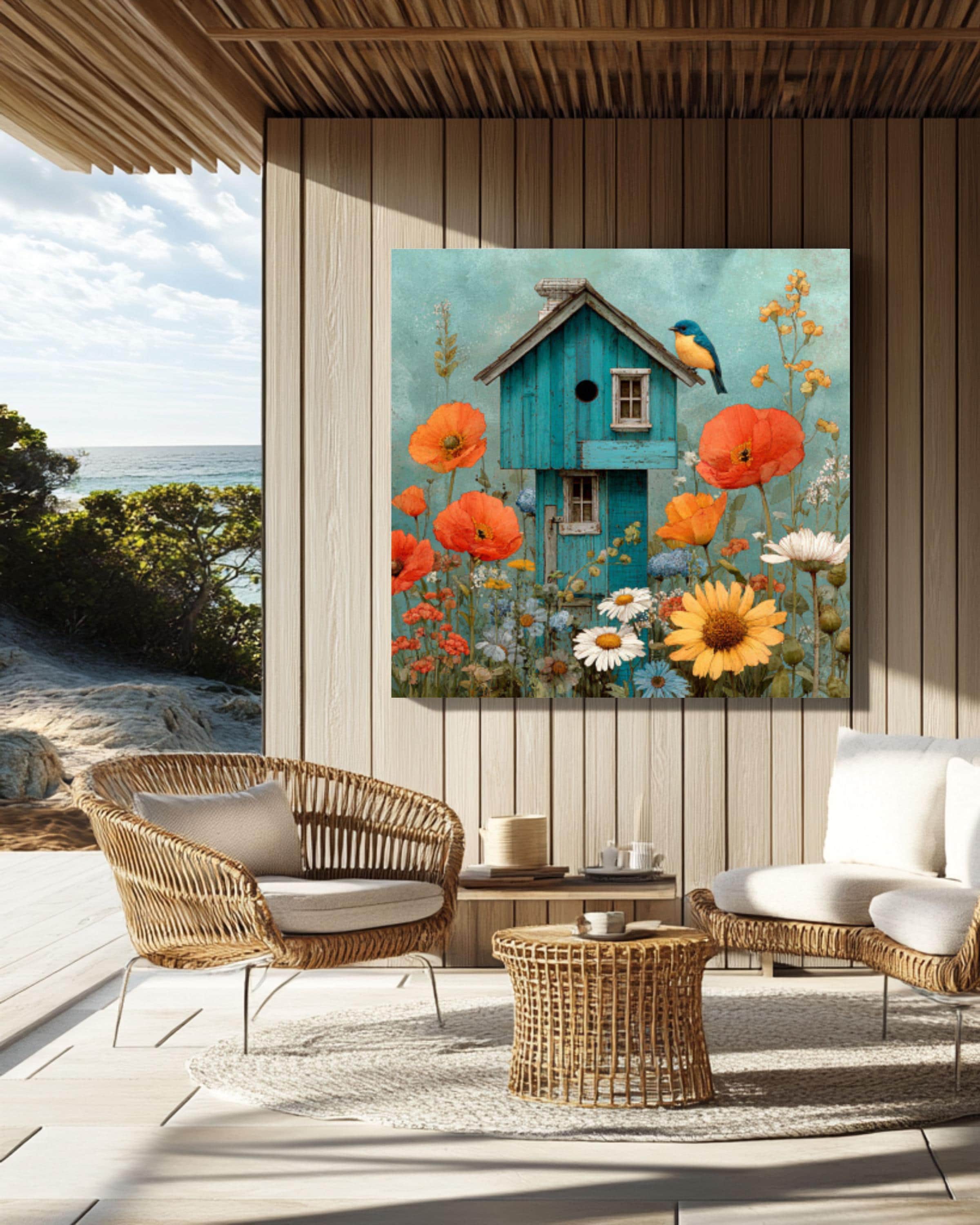 Watercolor Birdhouse Garden Wall Art – Bluebird & Wildflowers Canvas Print
