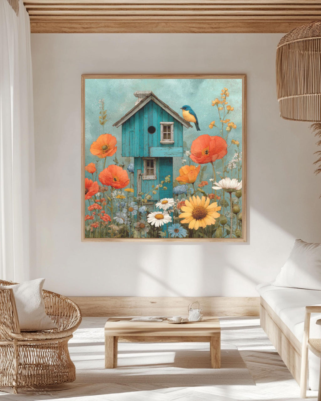 Watercolor Birdhouse Garden Wall Art – Bluebird & Wildflowers Canvas Print