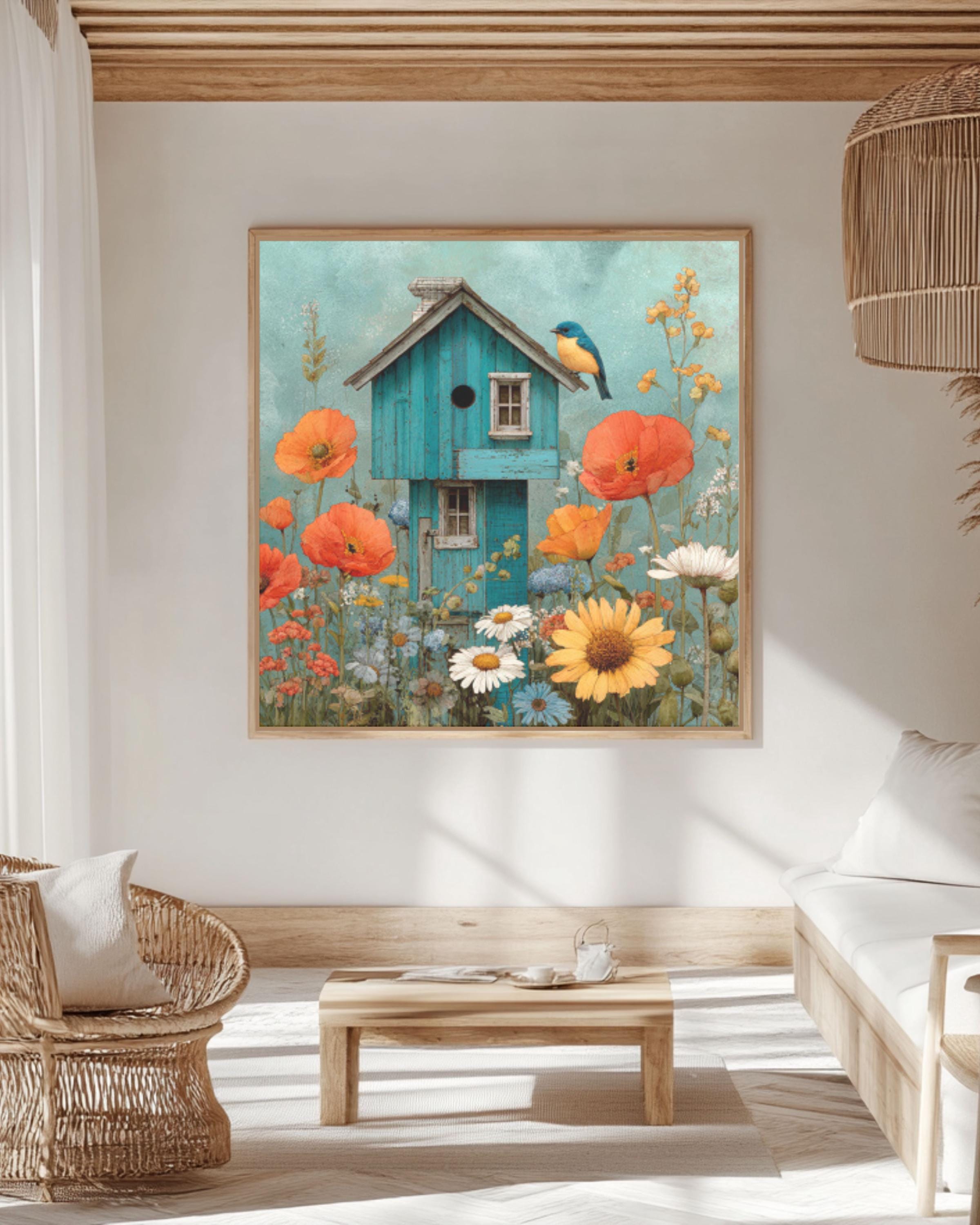 Watercolor Birdhouse Garden Wall Art – Bluebird & Wildflowers Canvas Print