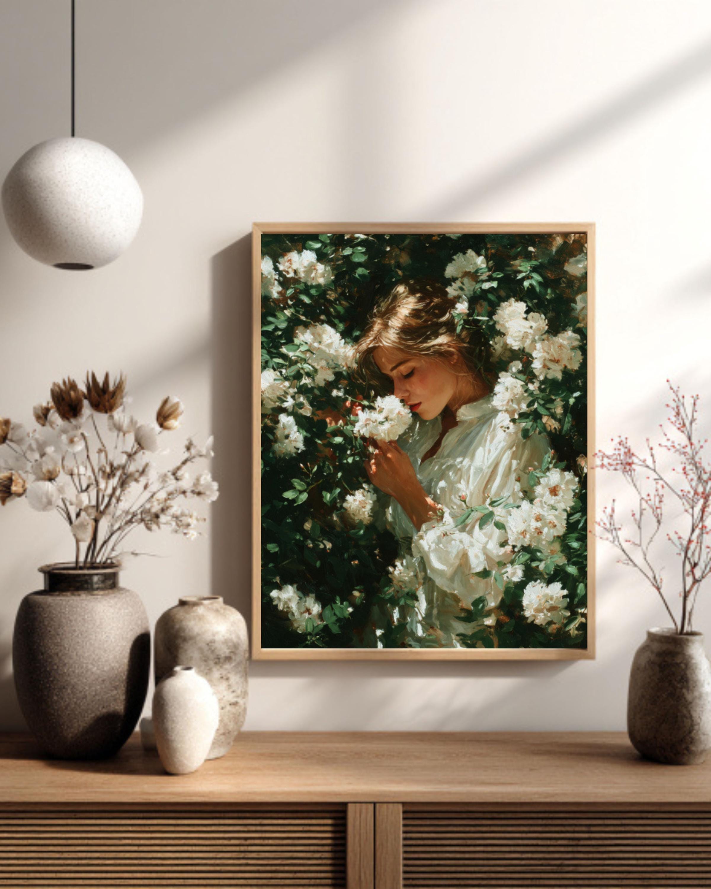 Woman with Flowers Oil Painting Wall Art – Elegant Floral Portrait Canvas Print