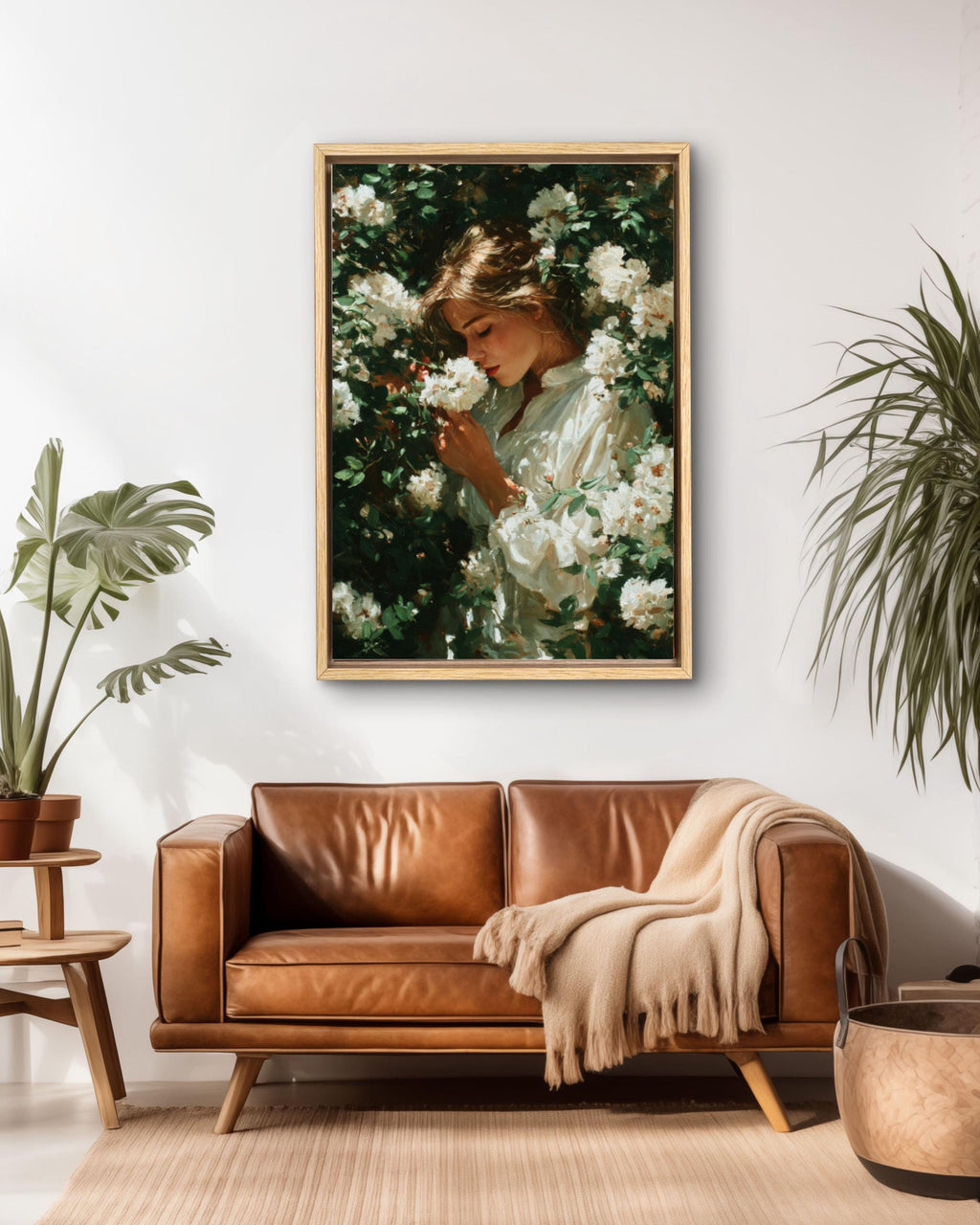 Woman with Flowers Oil Painting Wall Art – Elegant Floral Portrait Canvas Print