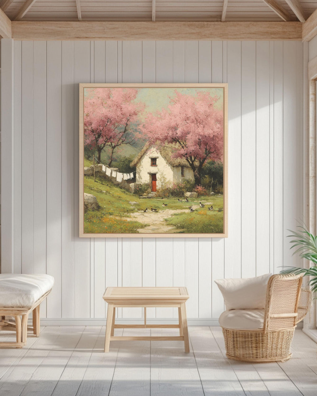 Cottage Spring Landscape Wall Art – Vintage Duck Family & Cherry Blossom Canvas Print