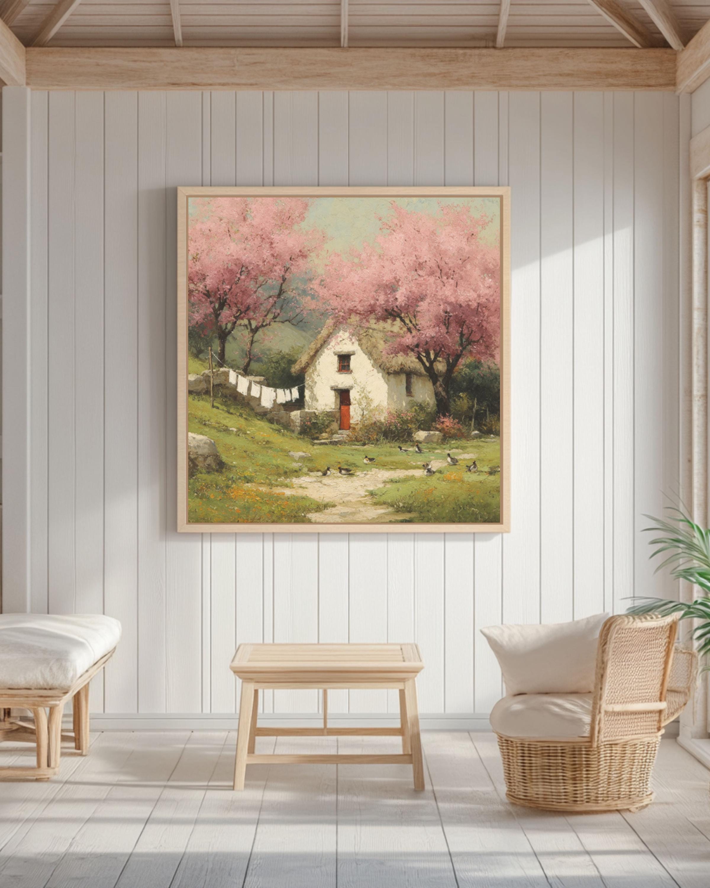 Cottage Spring Landscape Wall Art – Vintage Duck Family & Cherry Blossom Canvas Print