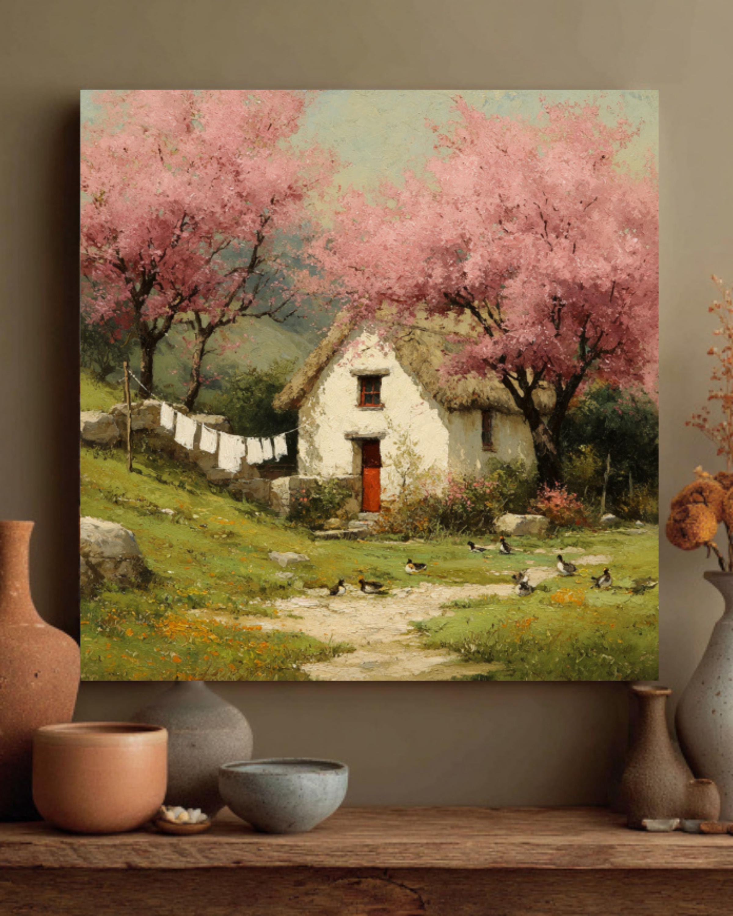 Cottage Spring Landscape Wall Art – Vintage Duck Family & Cherry Blossom Canvas Print