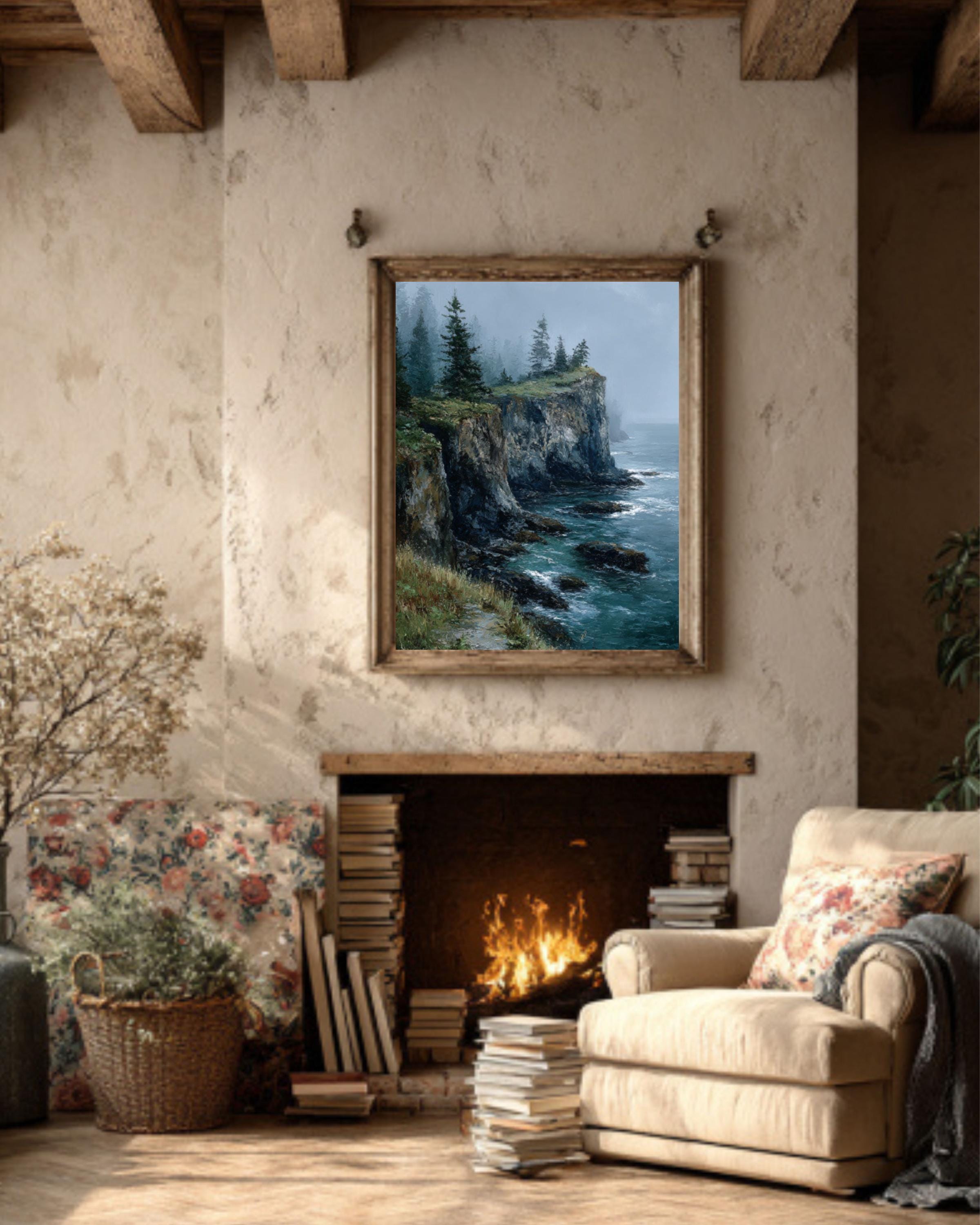 Moody Ocean Cliffside Landscape Wall Art – Foggy Pine Coastal Oil Painting Canvas Print