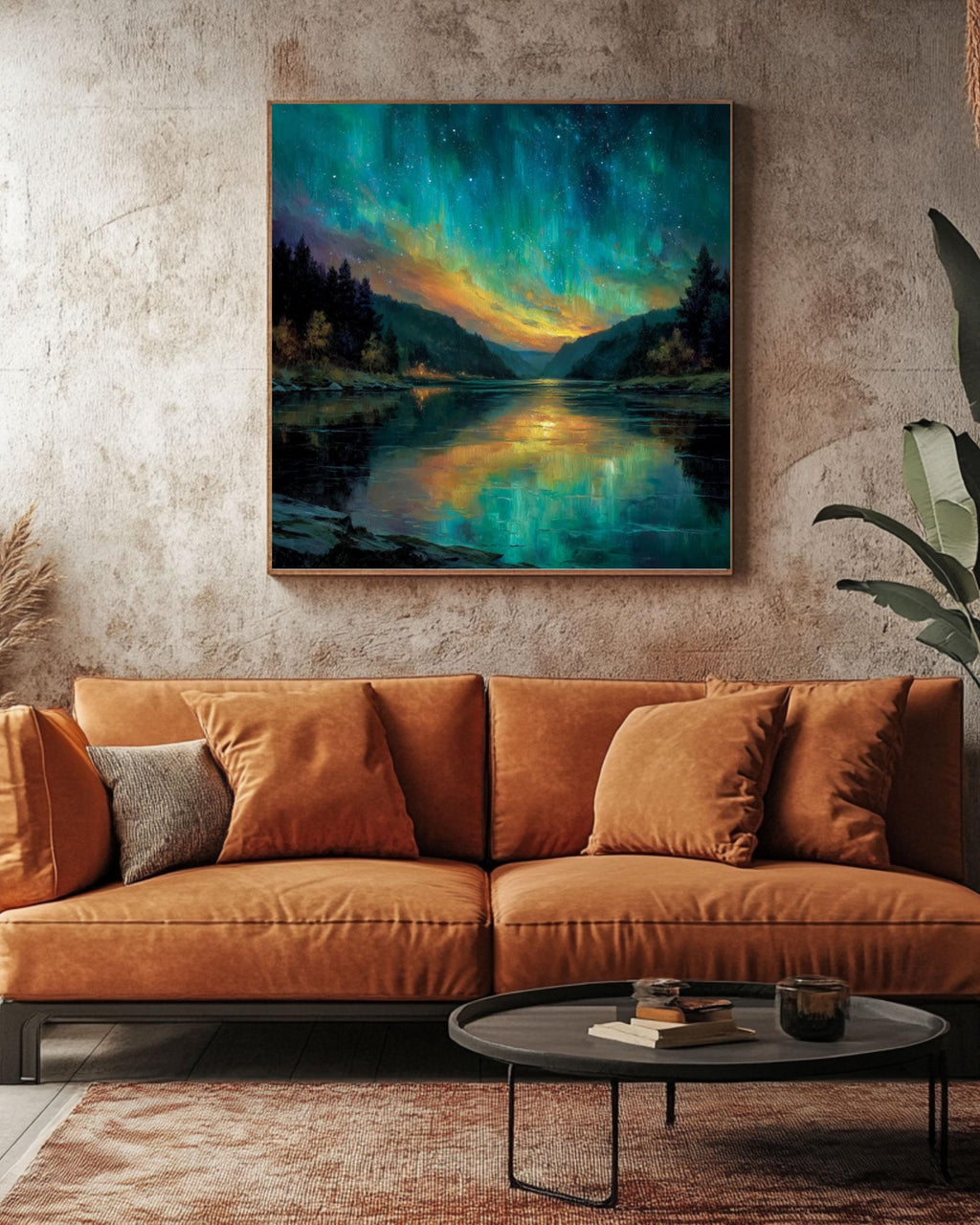 Northern Lights Aurora Borealis Wall Art – Turquoise Orange Sky Landscape Canvas Print