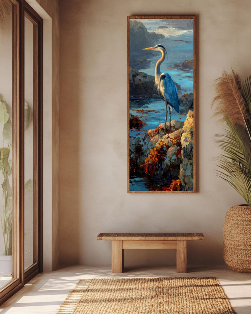 Blue Heron Coastal Wall Art – Nautical Bird Canvas Painting