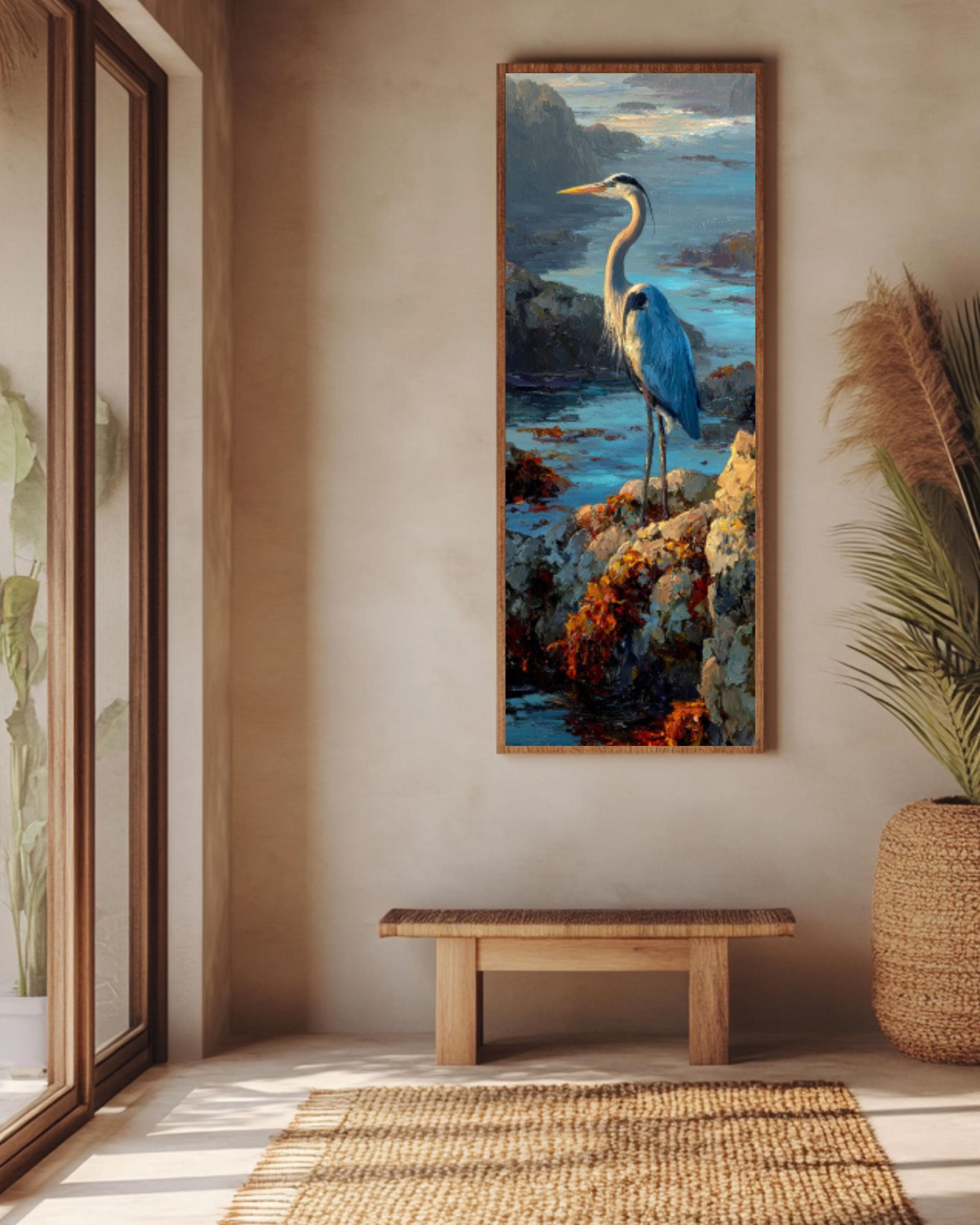 Blue Heron Coastal Wall Art – Nautical Bird Canvas Painting