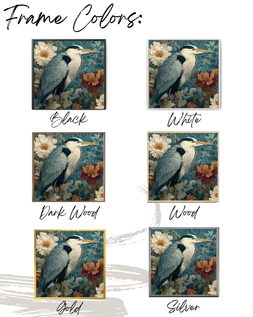 Gray Heron Watercolor Wall Art – William Morris Style Floral Tapestry Canvas Print