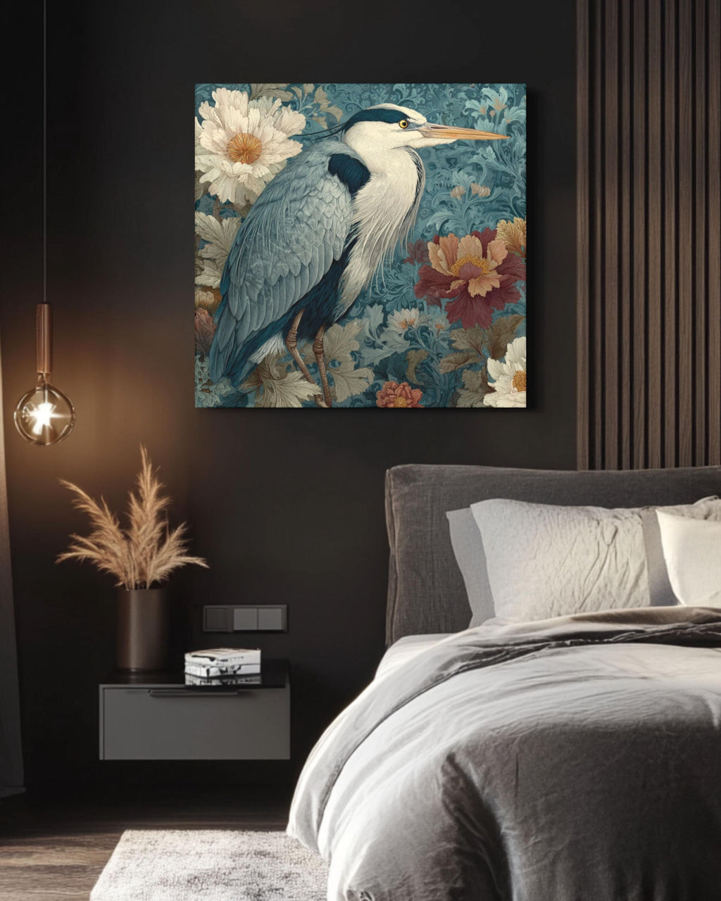 Gray Heron Watercolor Wall Art – William Morris Style Floral Tapestry Canvas Print