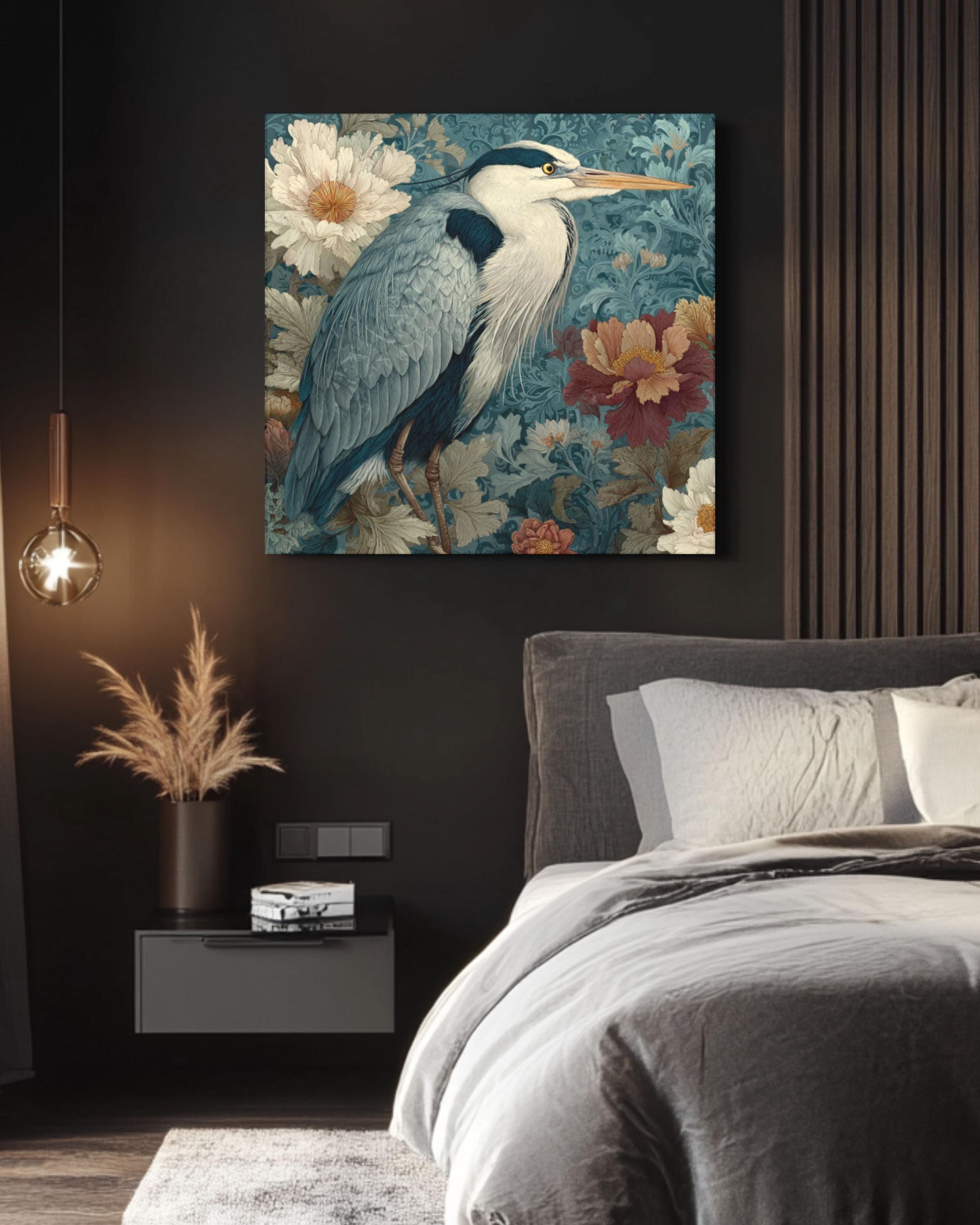 Gray Heron Watercolor Wall Art – William Morris Style Floral Tapestry Canvas Print